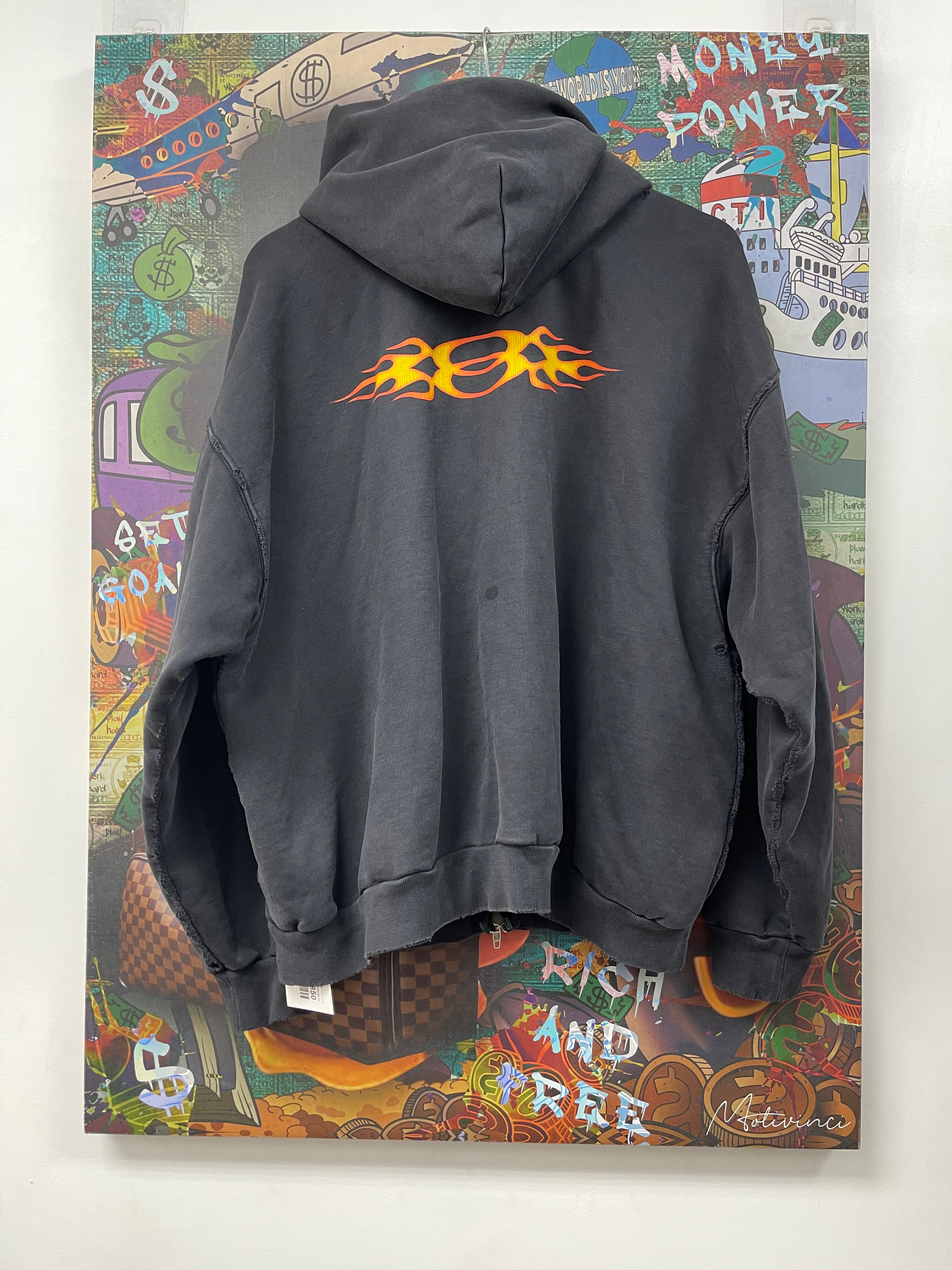Balenciaga Black Washed Flames Distressed Zip Up