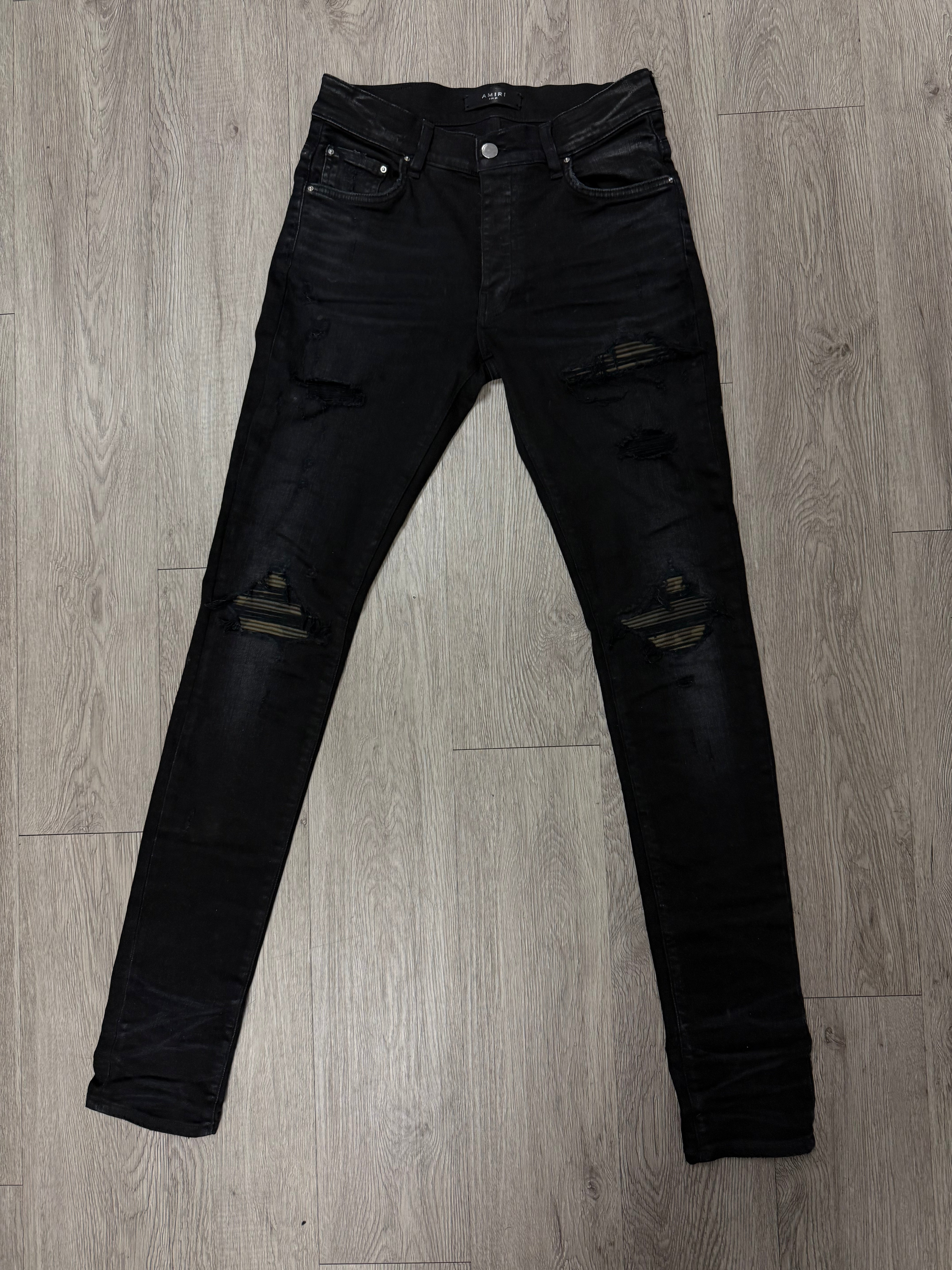 Amiri MX1 Black Camo Leather Patch Jeans