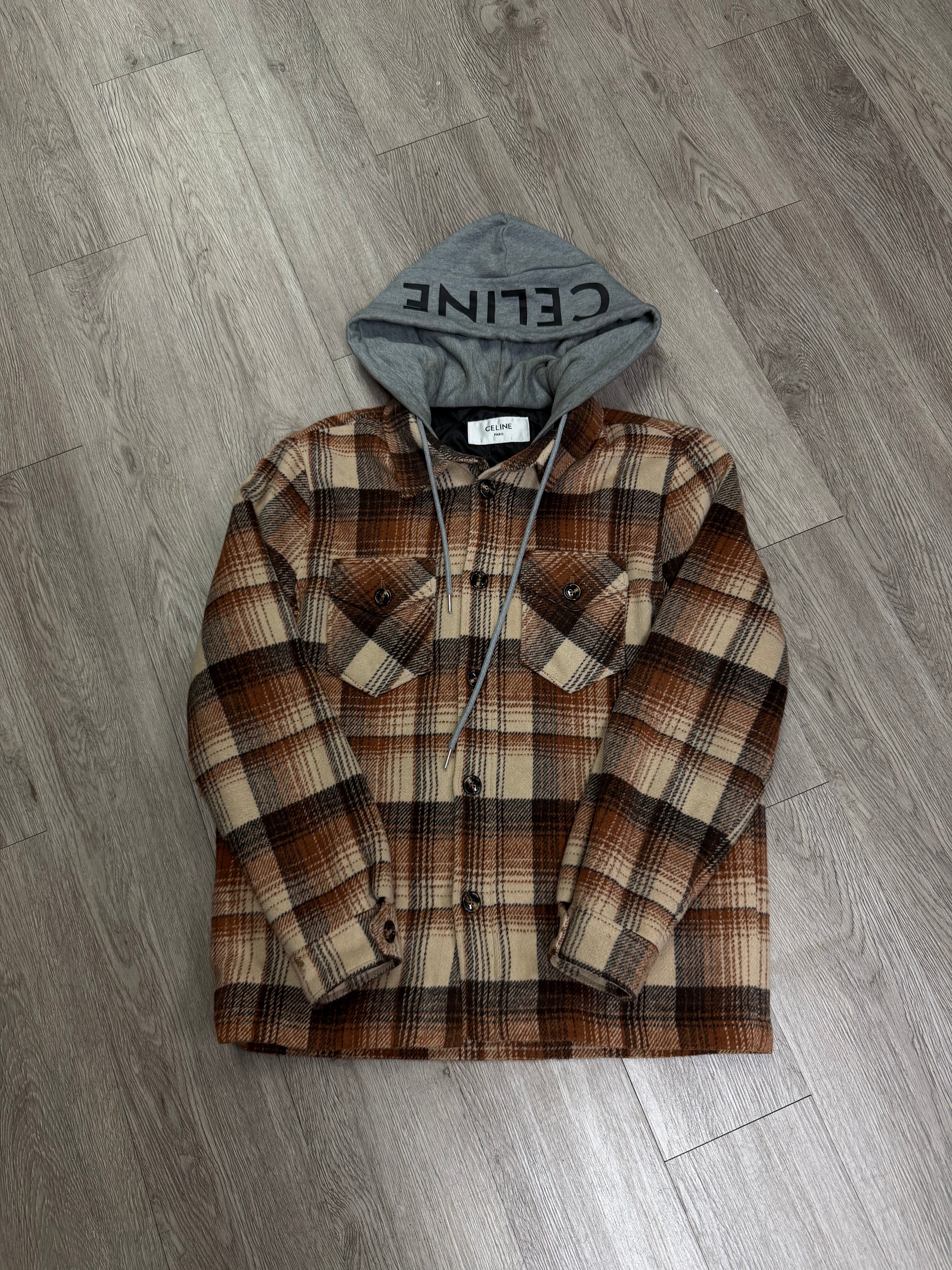 Celine Brown Plaid Logo Hooded Shirt Hoodie
