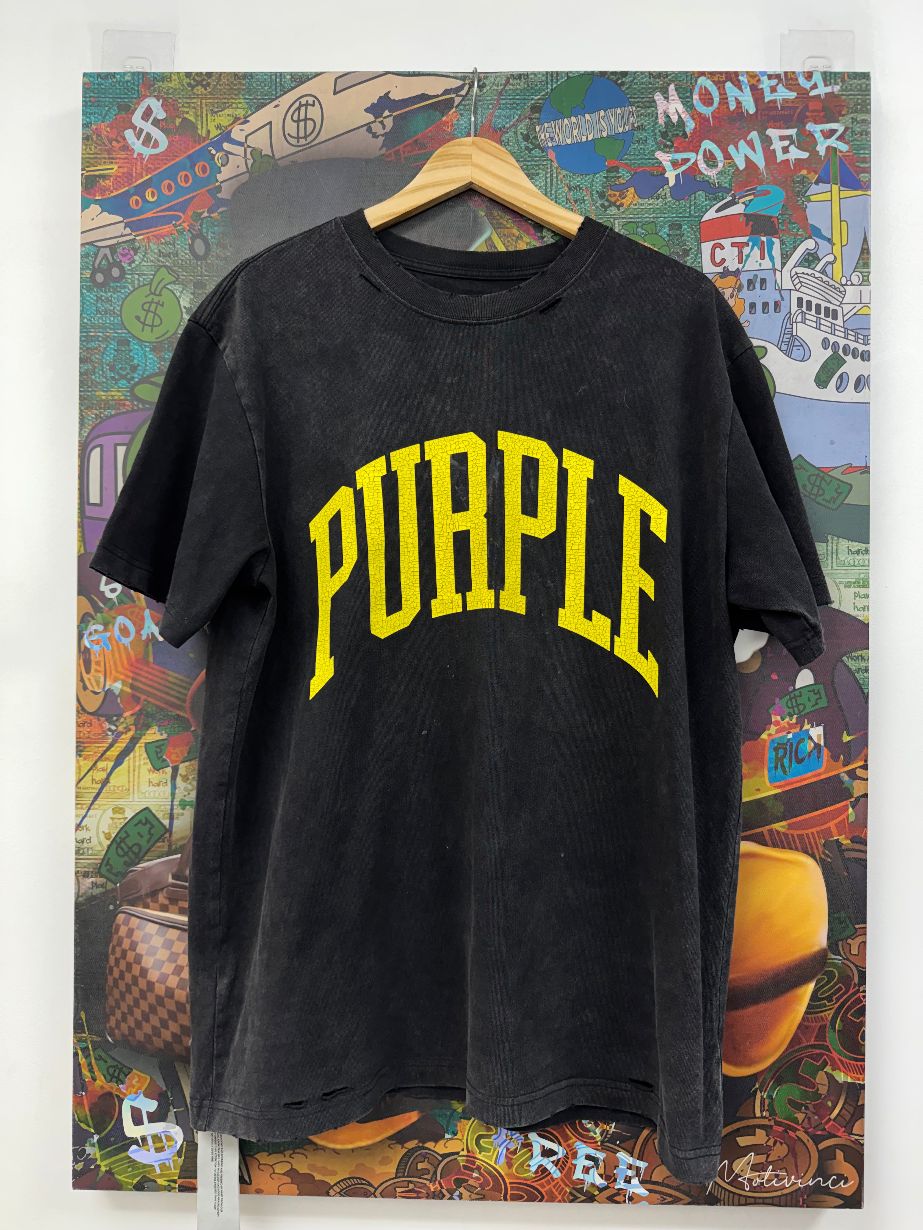 Purple Brand Black Wash Yellow Crackle Distressed Tee