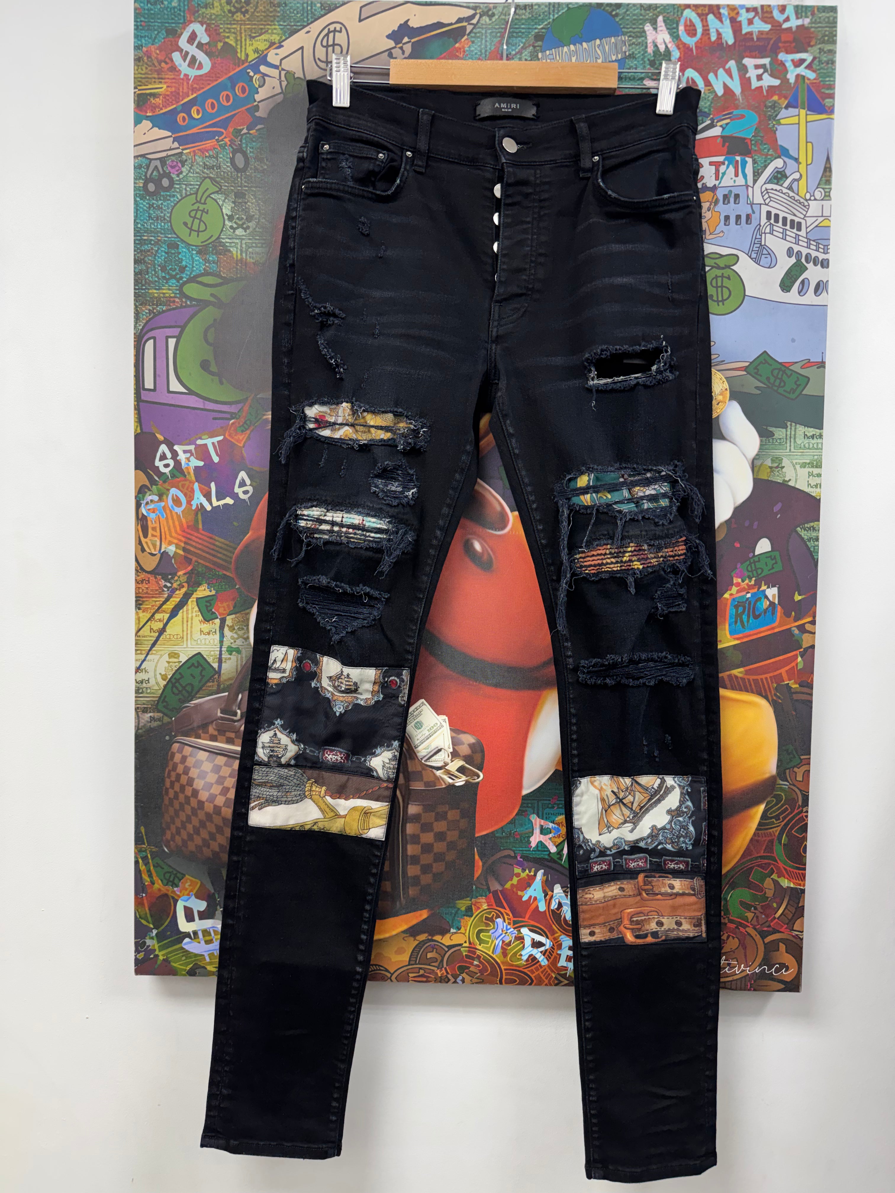Amiri Black Teal Chan Art Patchwork Jeans