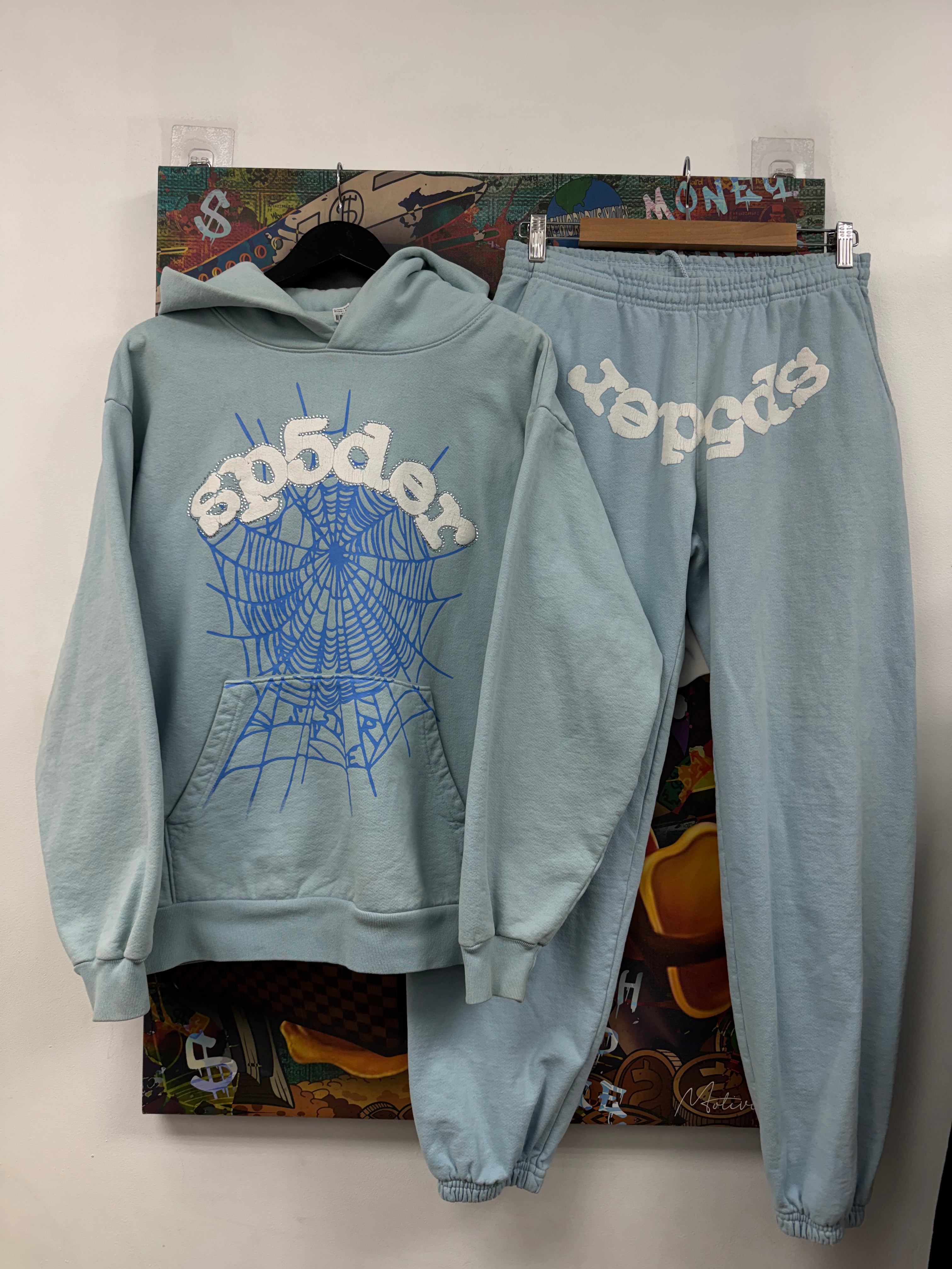 Sp5der Baby Blue Rhinestone Sweatsuit