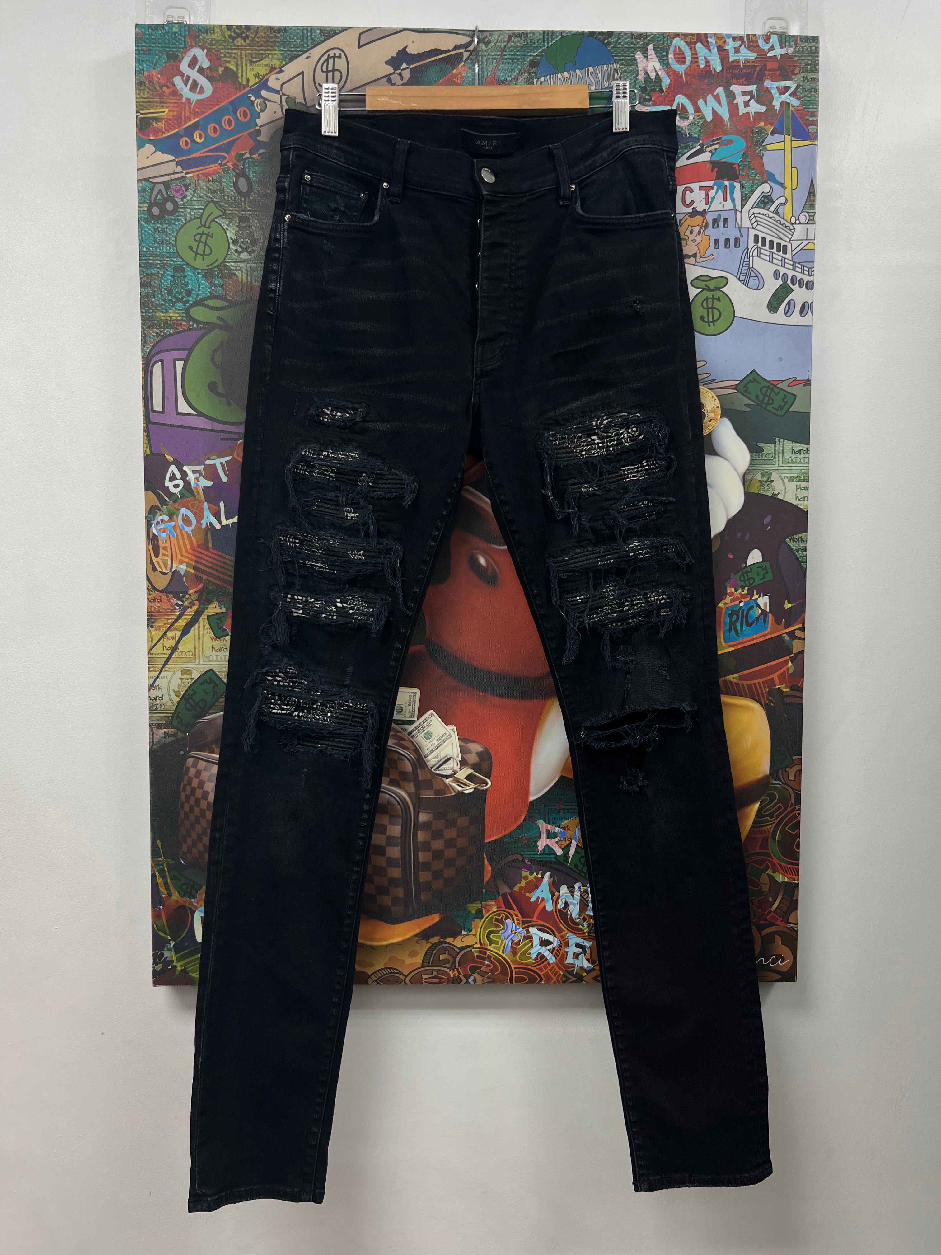 Amiri Black Wash Paisley Patch Jeans