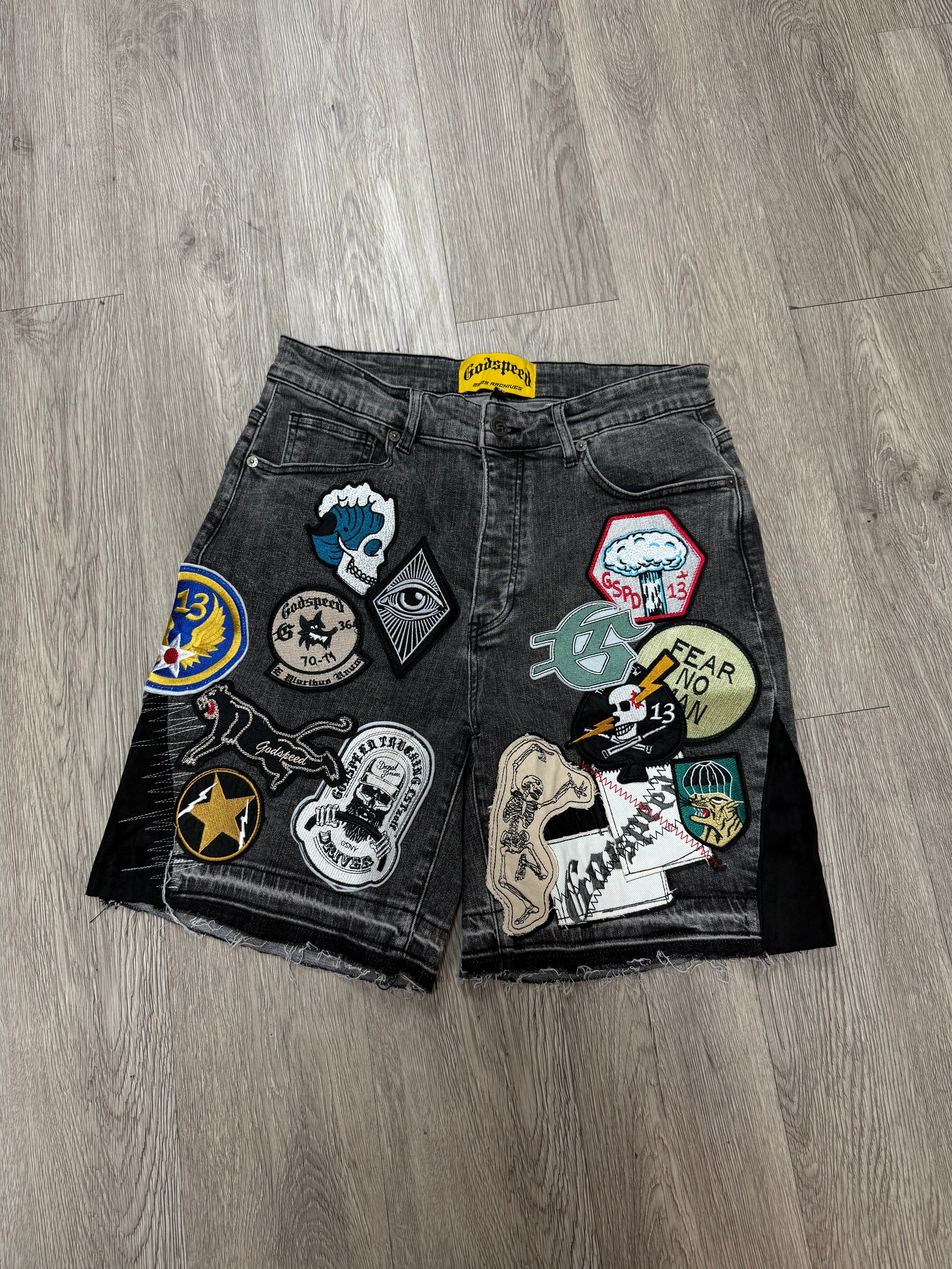 Godspeed Patchwork Denim Shorts Grey