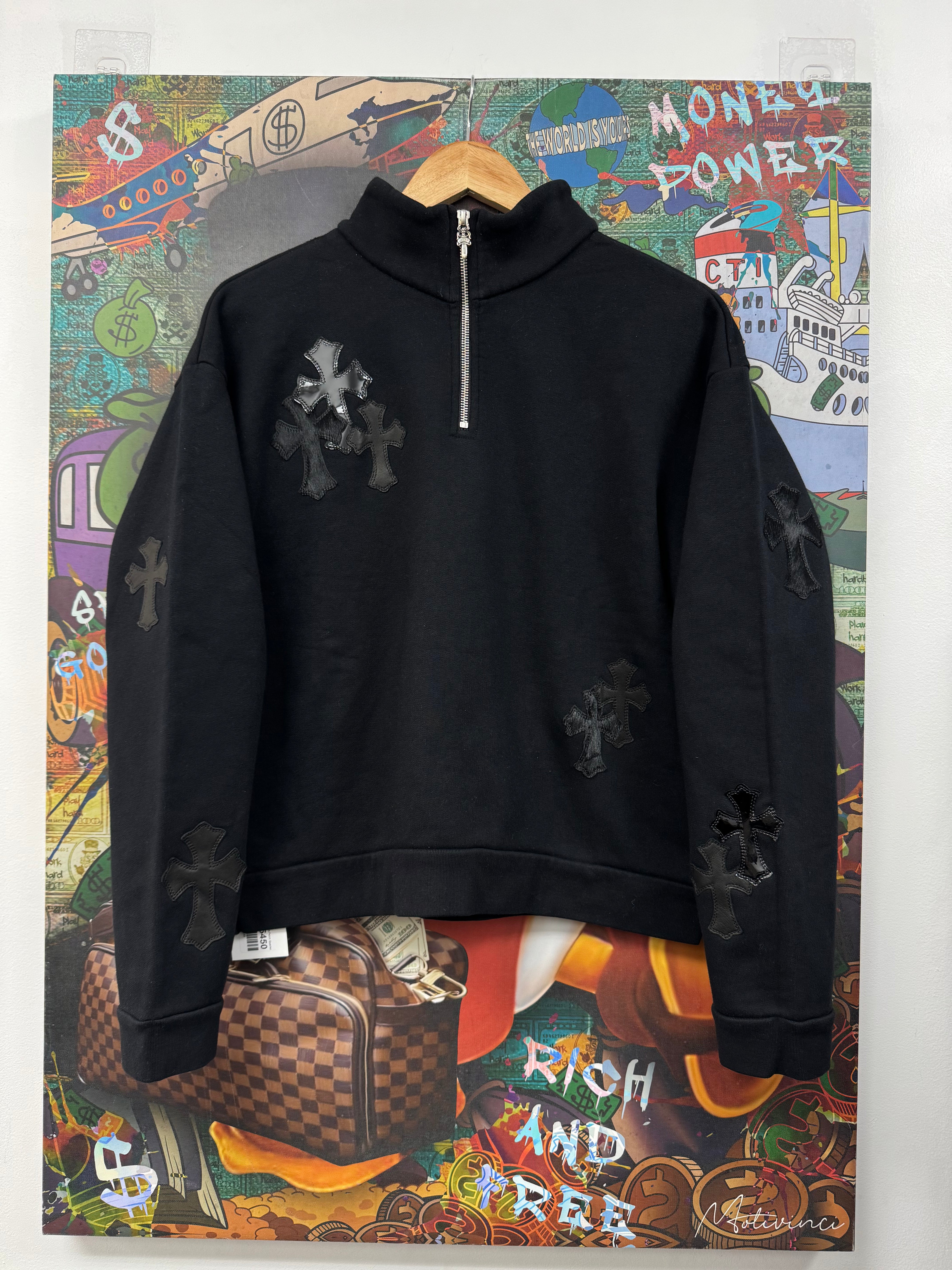 Chrome Hearts Black Ponyhair Multi Cross Patch Quarter Zip