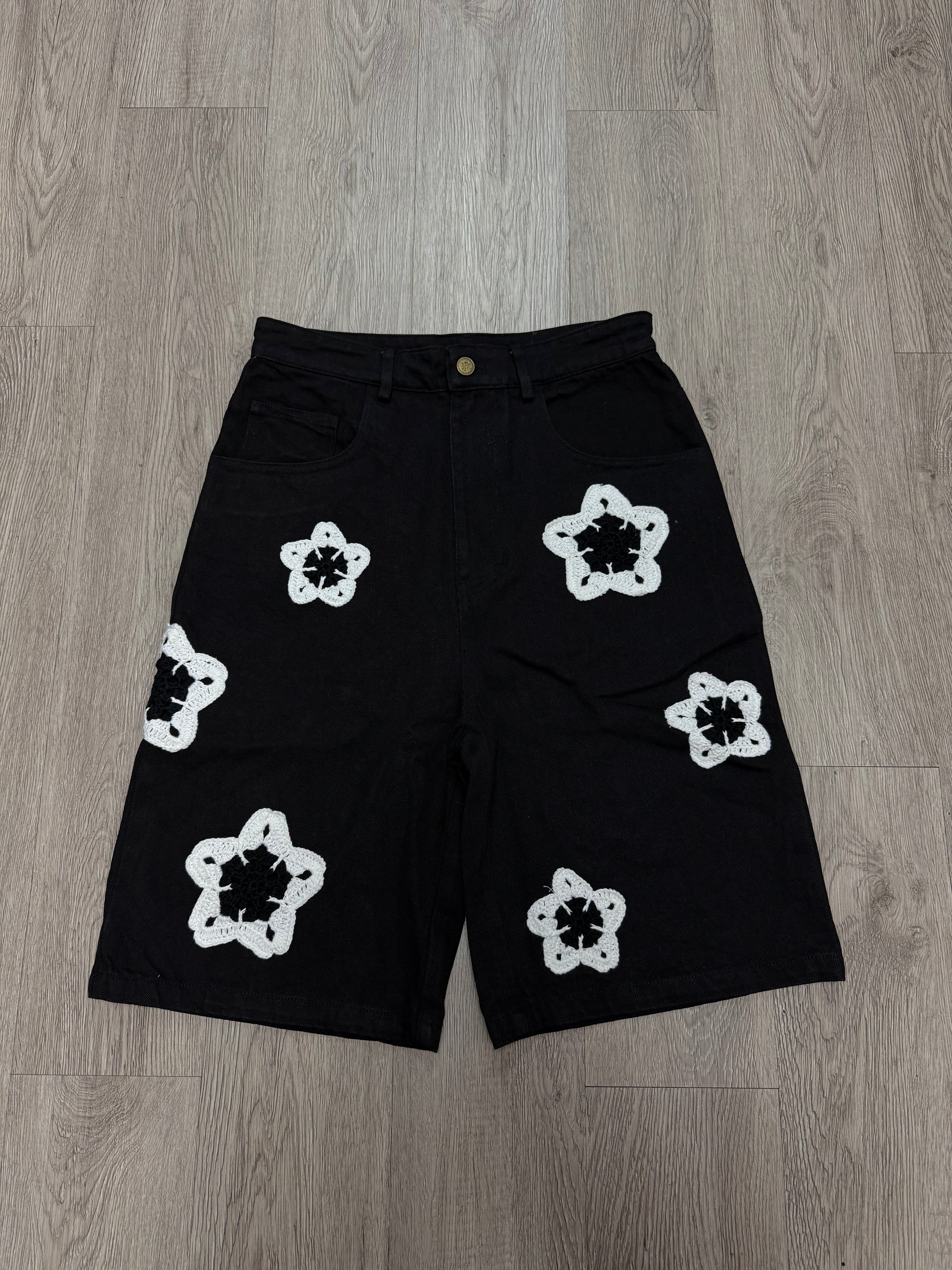 Arkyve Black Star Crochet Black Denim Shorts