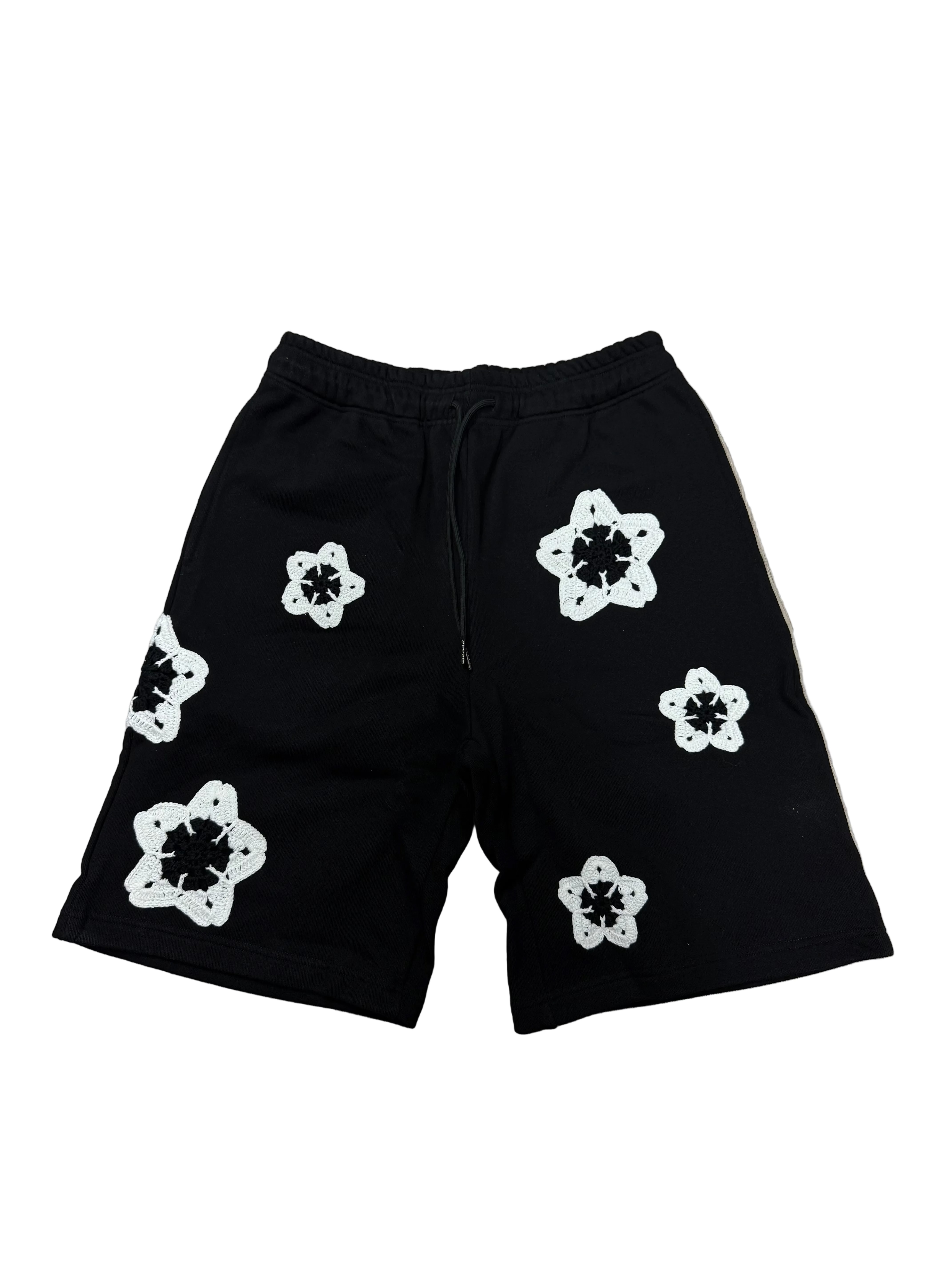 Arkyve 'White Star Crochet' Black Sweatshorts