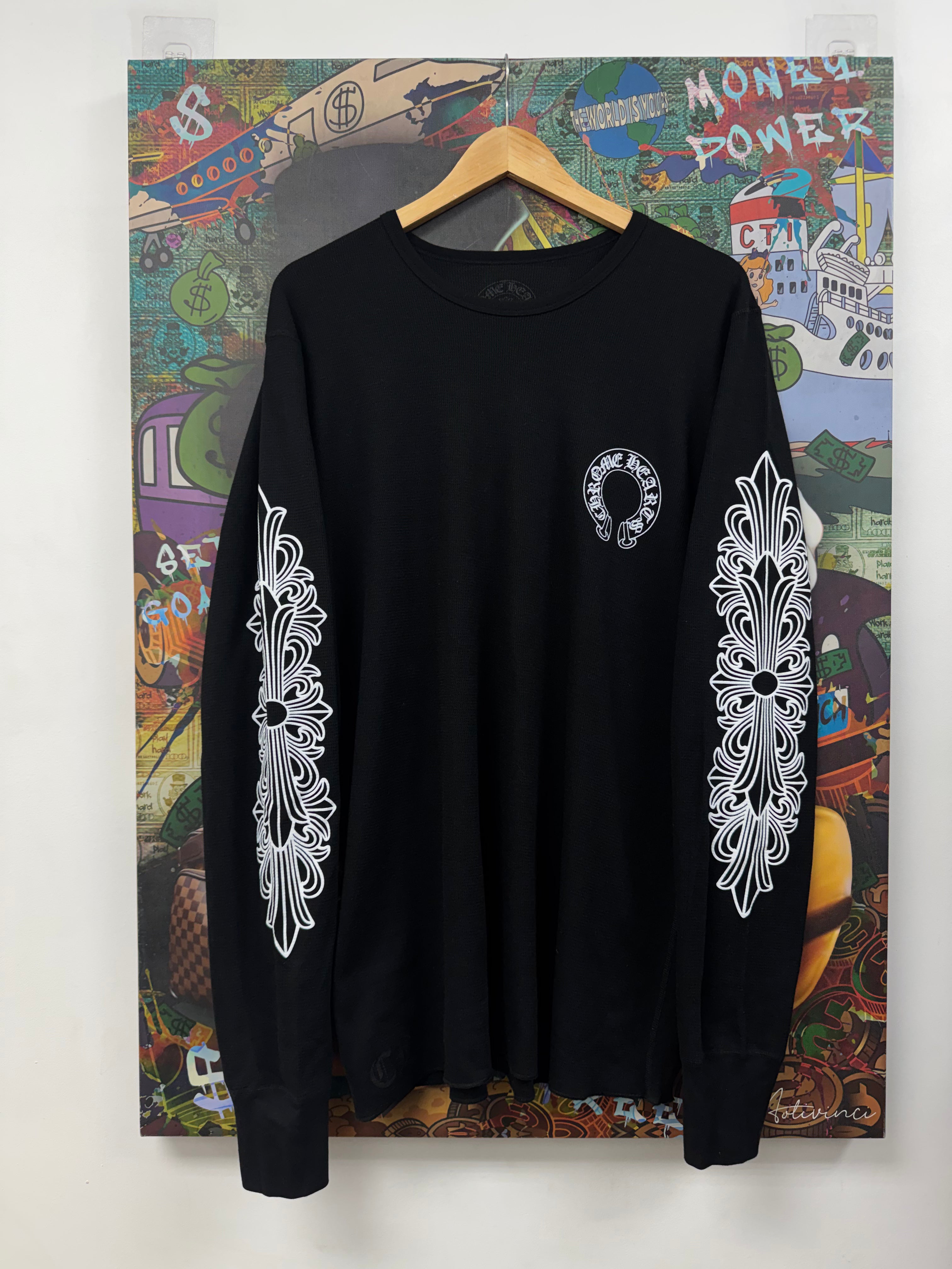 Chrome Hearts Black Floral Horseshoe Thermal Long Sleeve Tee