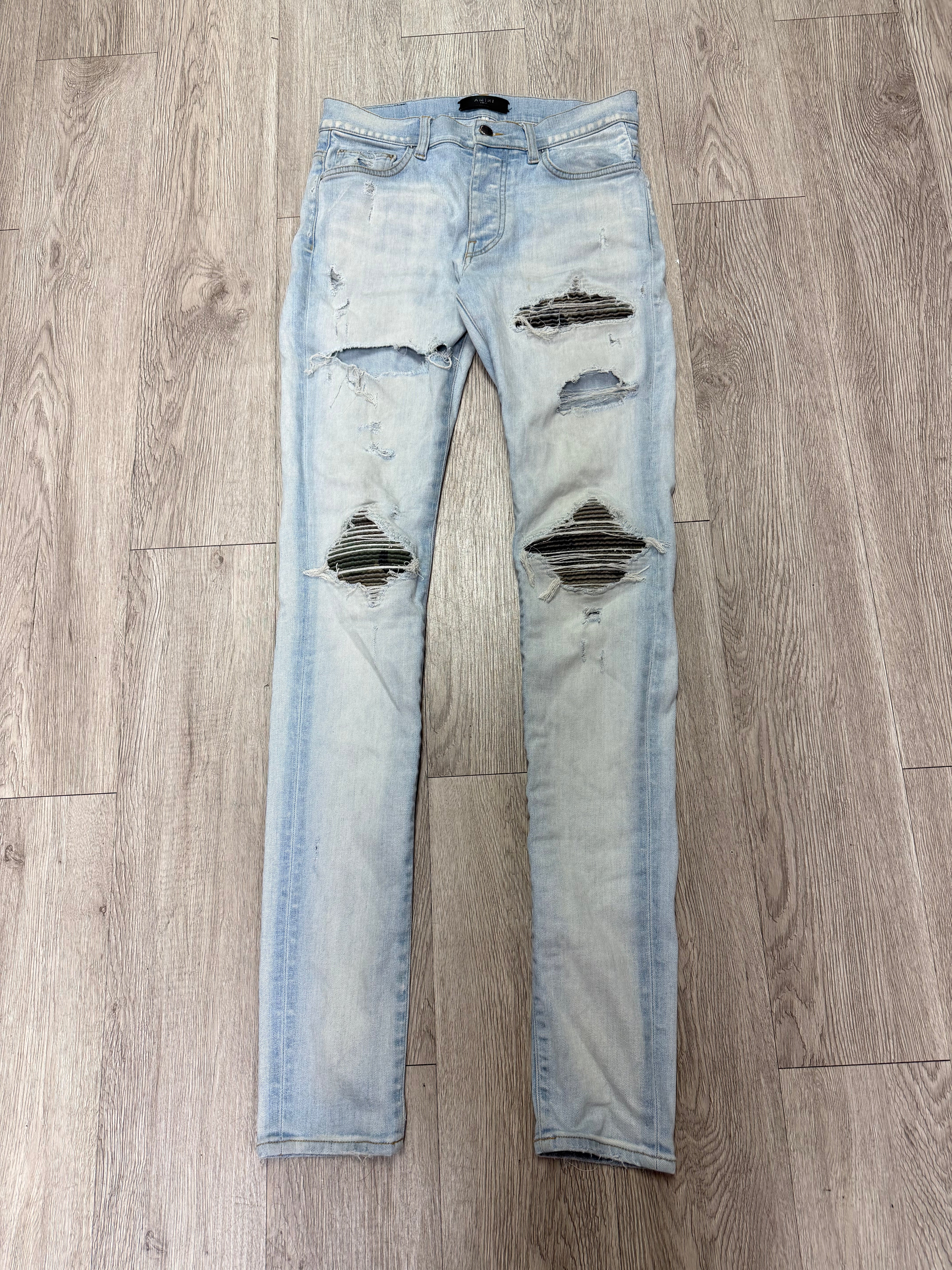 Amiri MX1 Light Wash Camo Patch Jeans