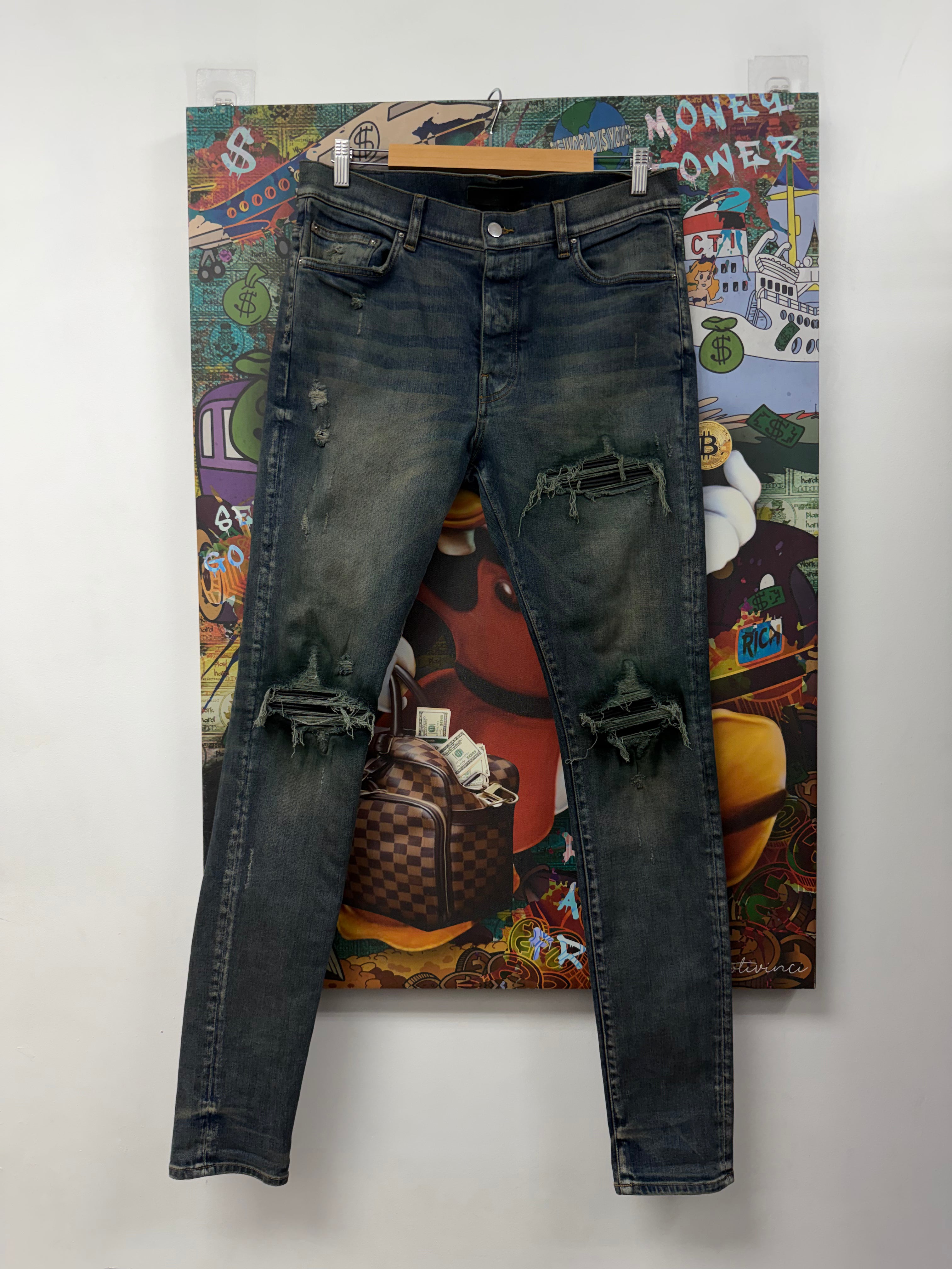 Amiri MX1 Dark Wash Black Leather Patch Jeans