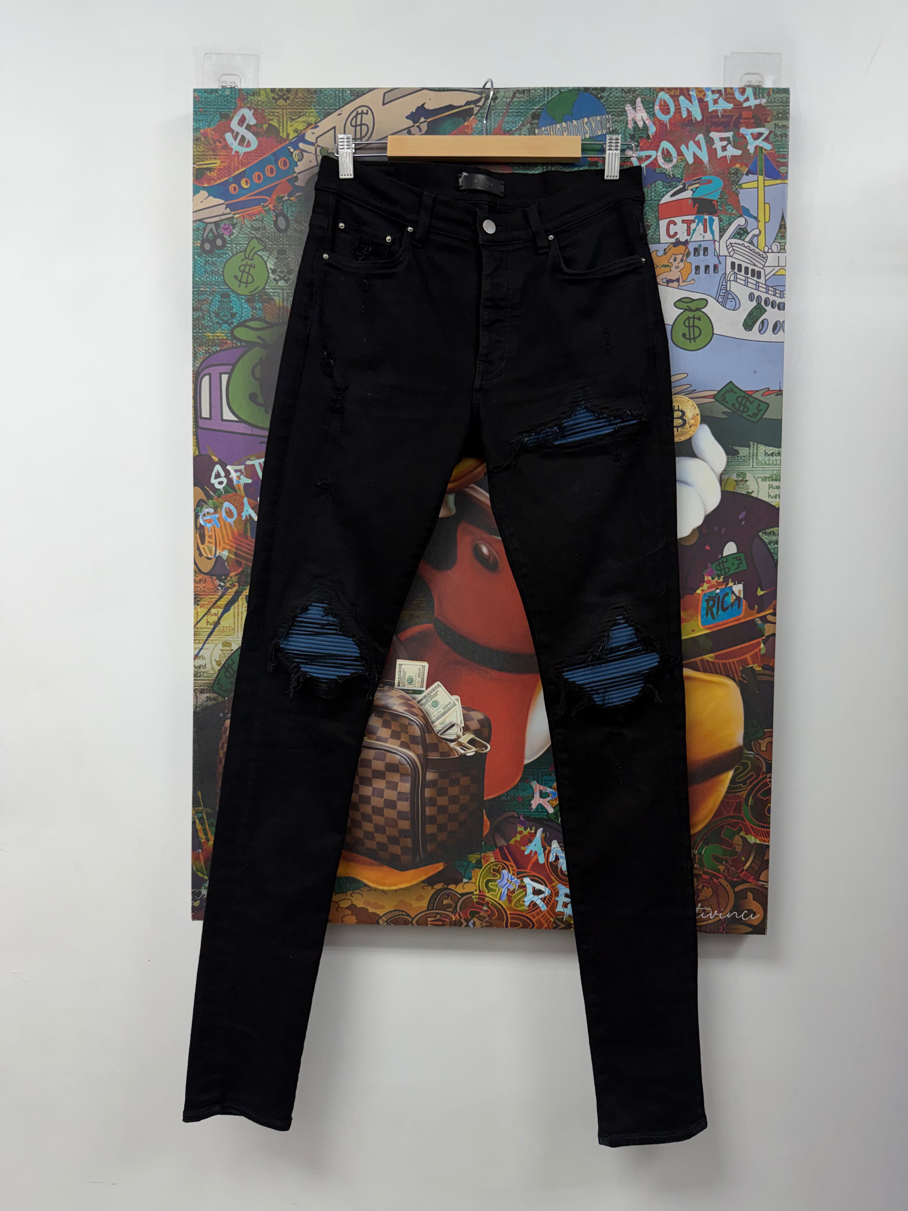 Amiri MX1 Black Blue Ultrasuede Patch Jeans