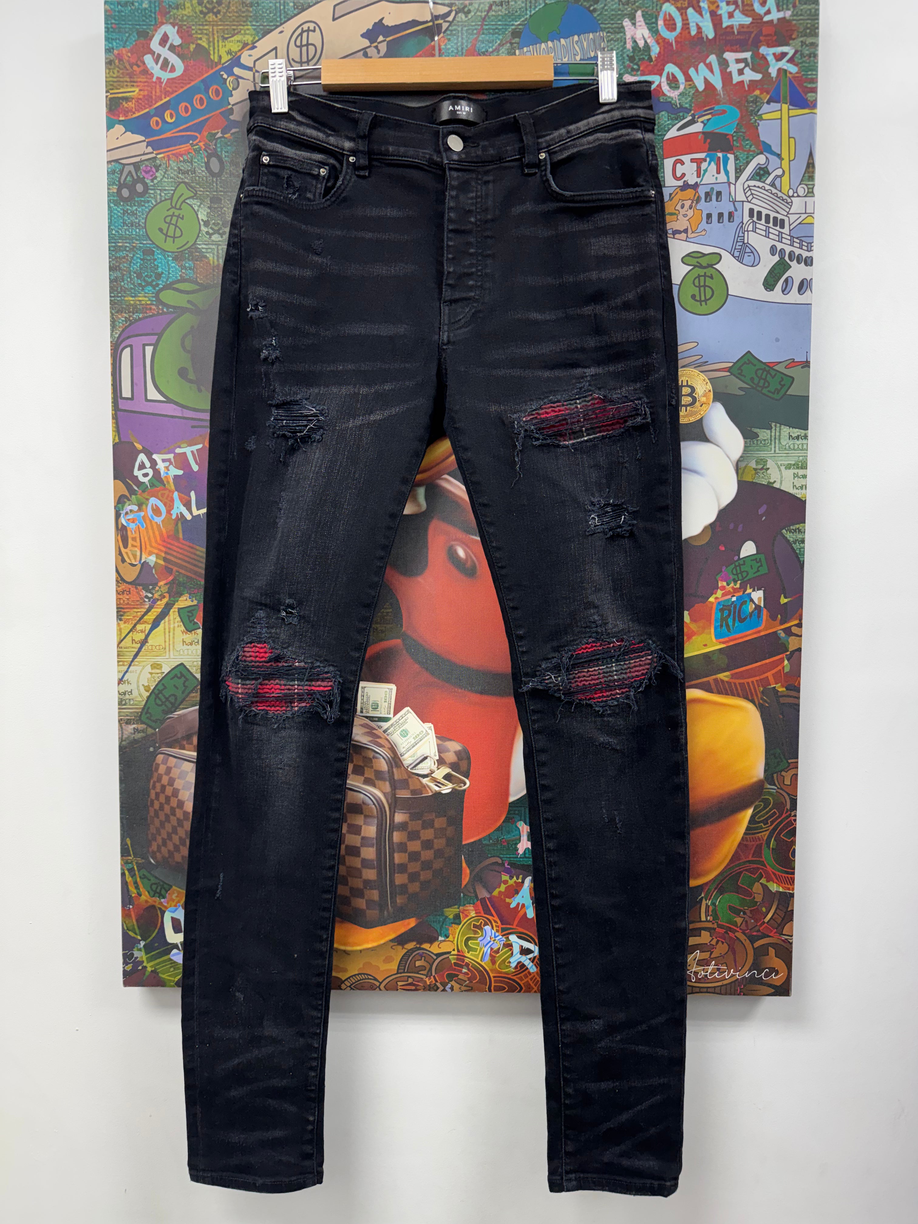 Amiri MX1 Black Wash Red Plaid Patch Jeans
