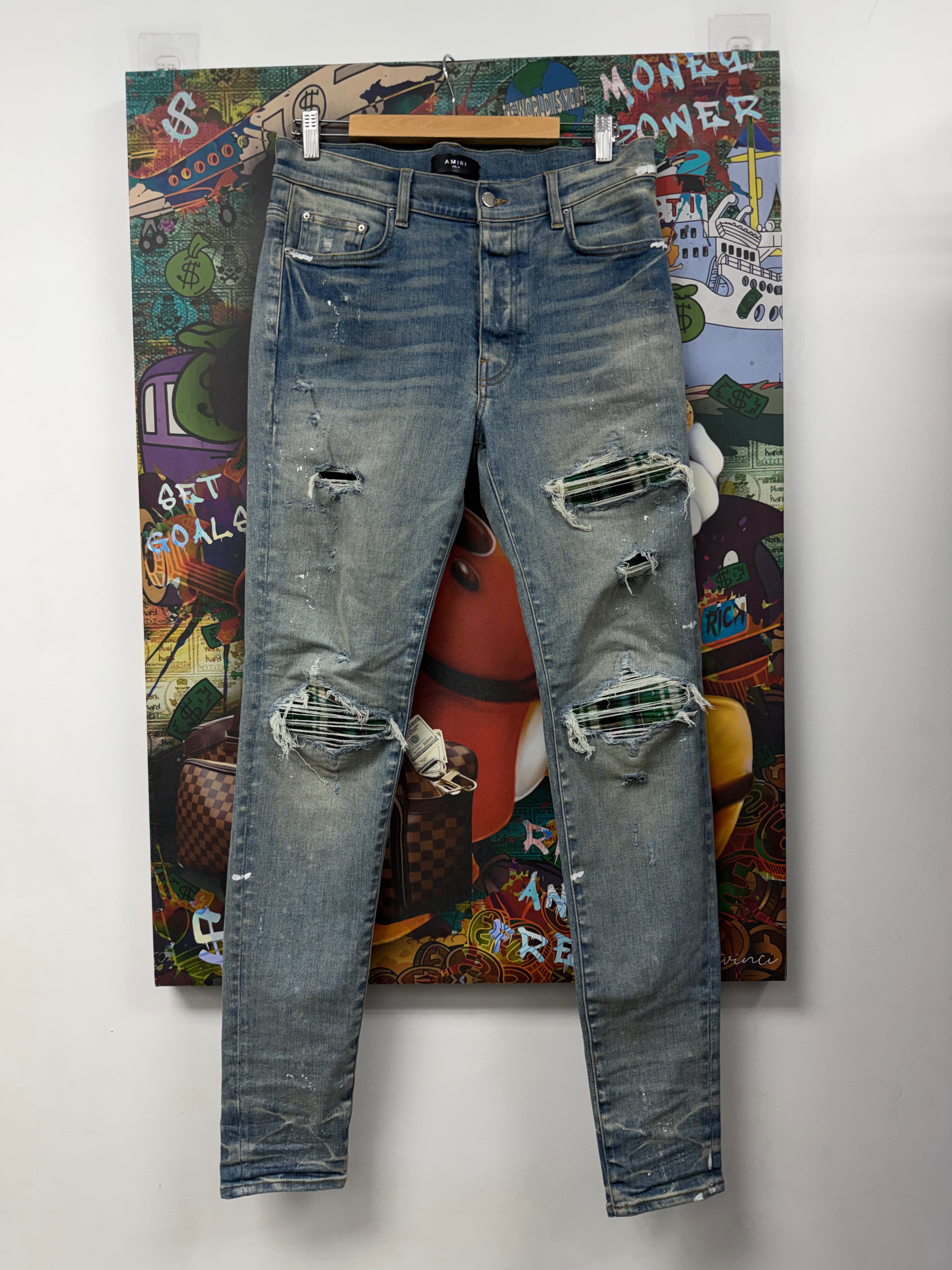 Amiri MX1 Light Wash Green Plaid Patch Jeans