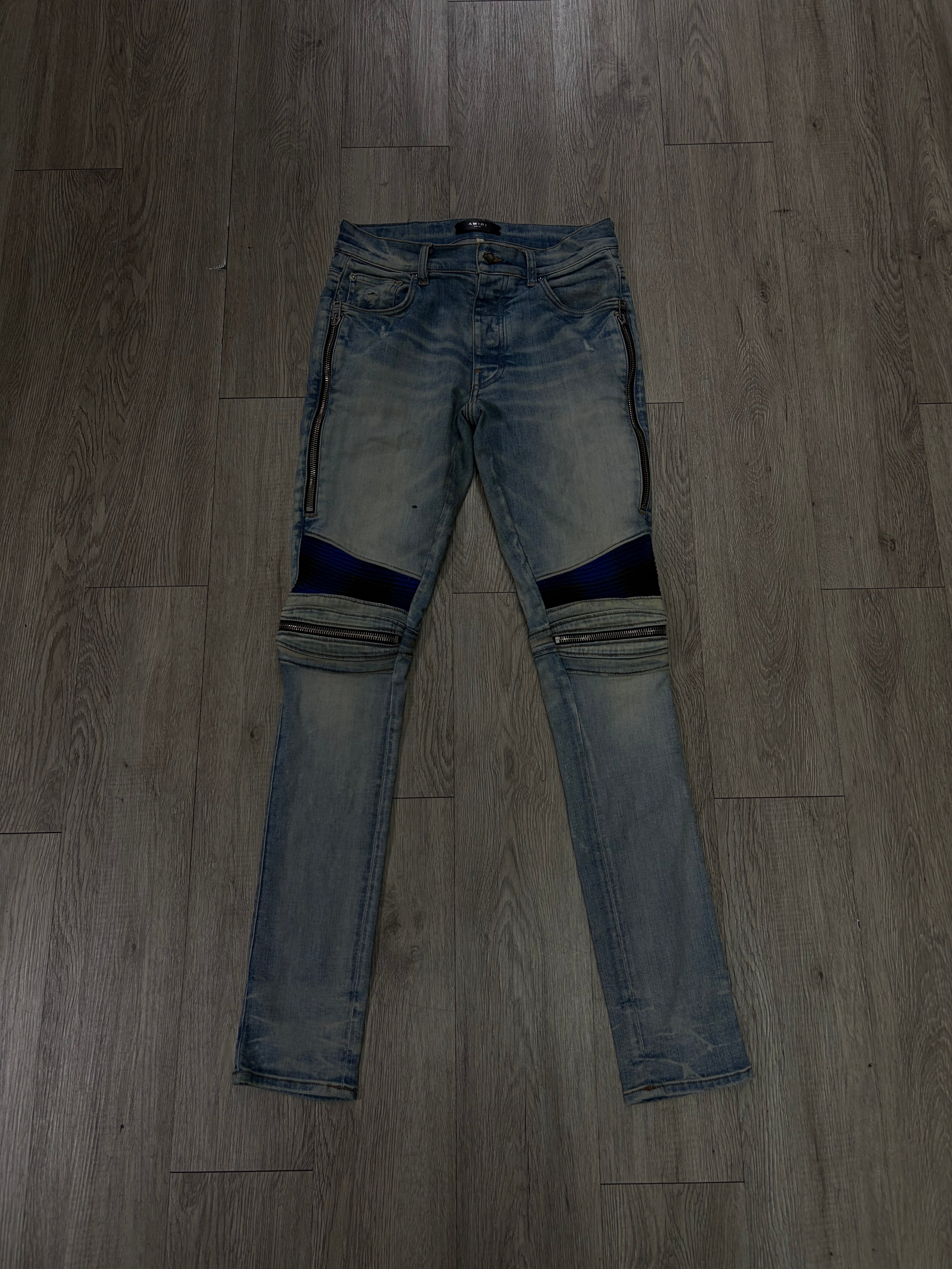 Amiri MX2 Light Wash Blue Black Plaid Patch Jeans