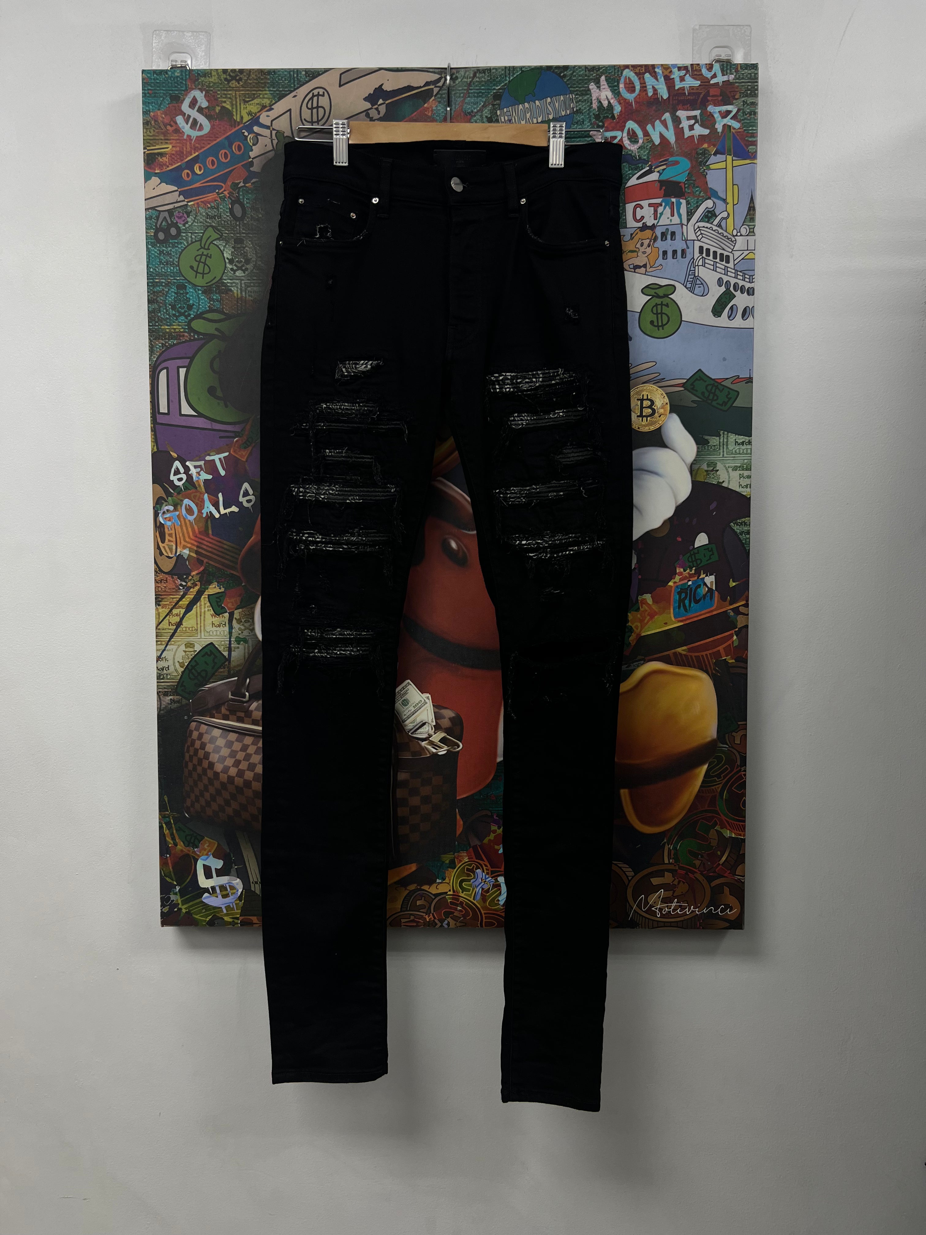 Amiri Black Wash Black Paisley Patch Jeans