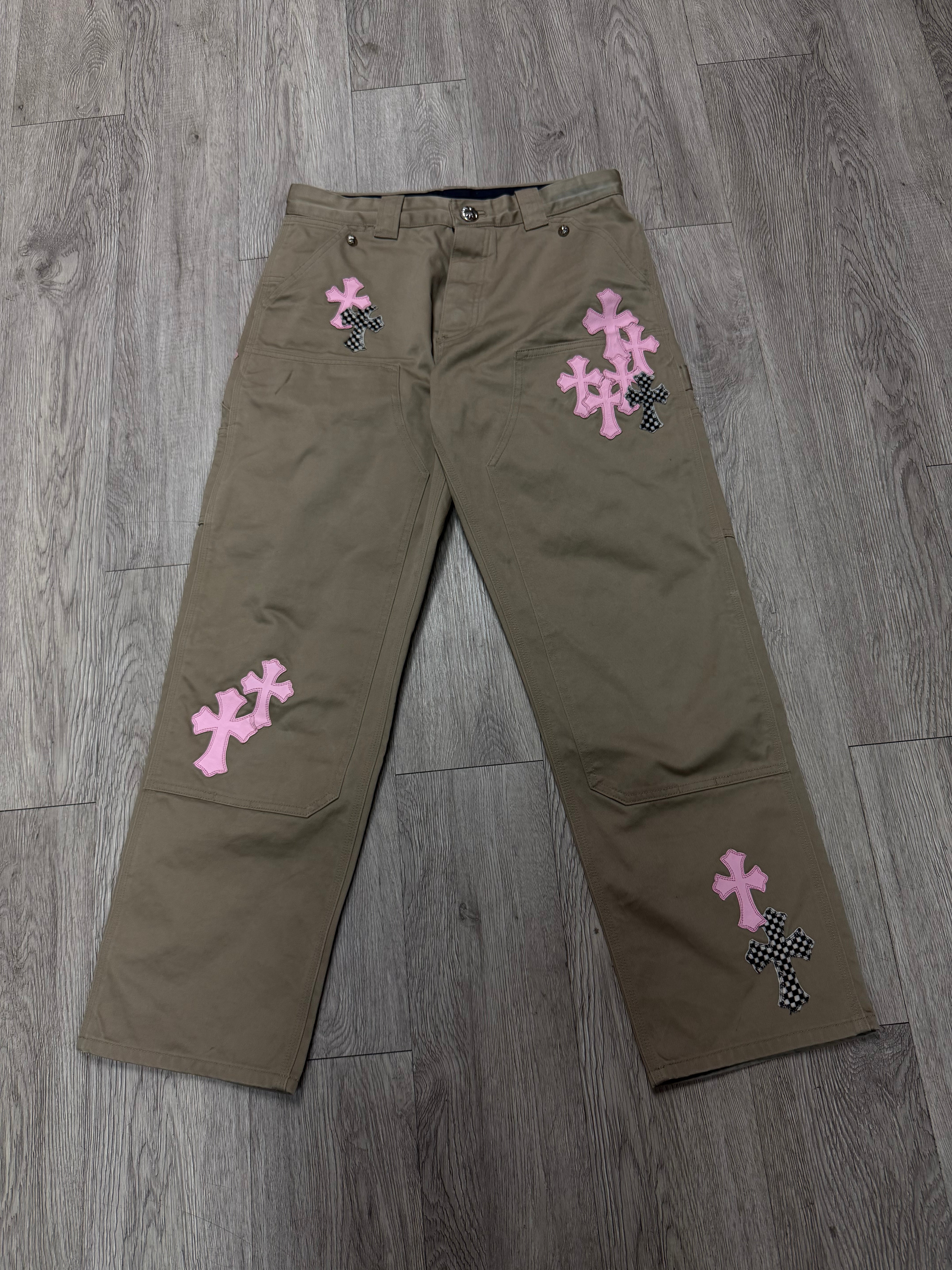 Chrome Hearts Tan Pink & Checkered Cross Patch Carpenter Pants