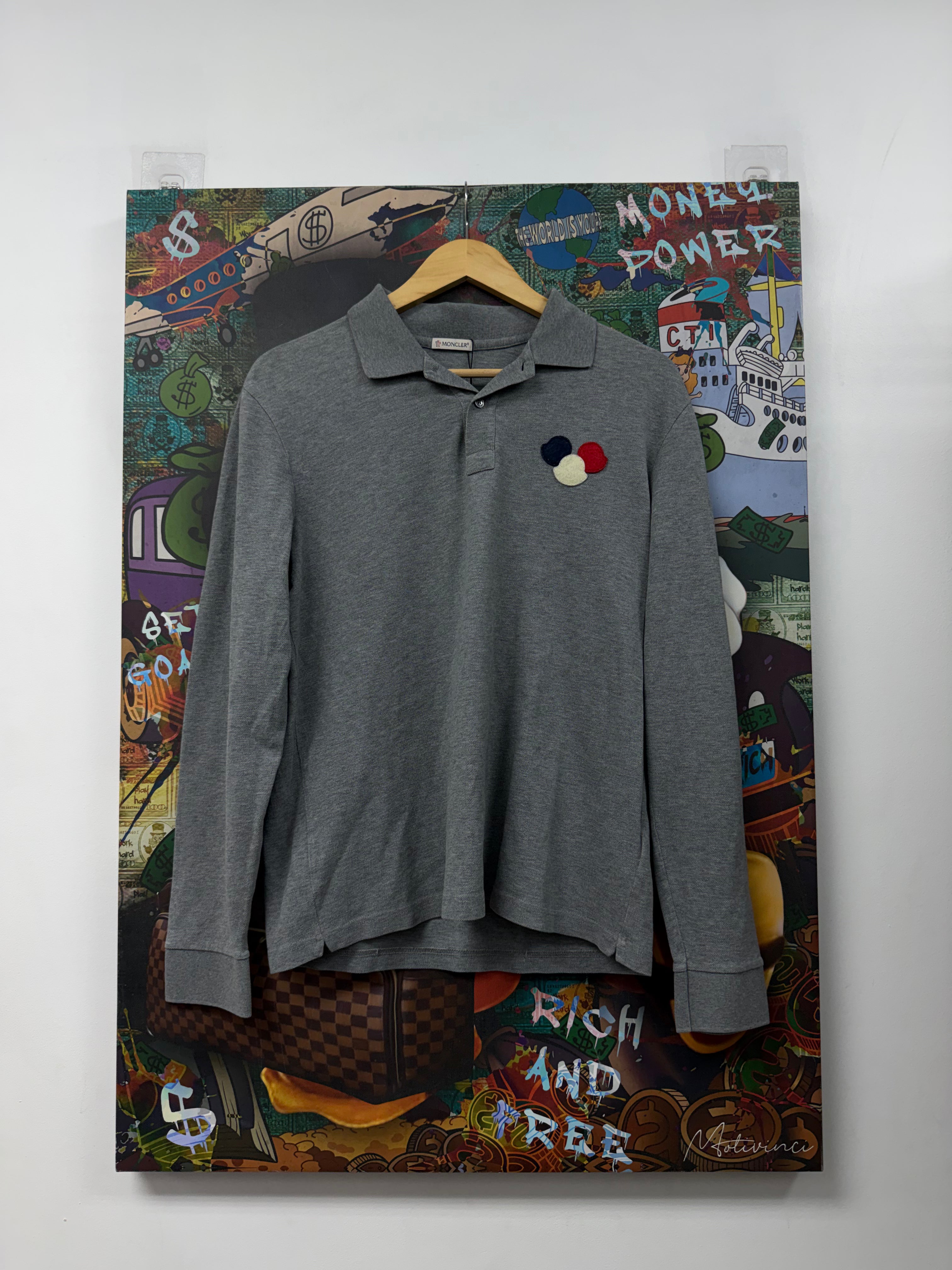 Moncler Grey Navy Red Long Sleeve Polo