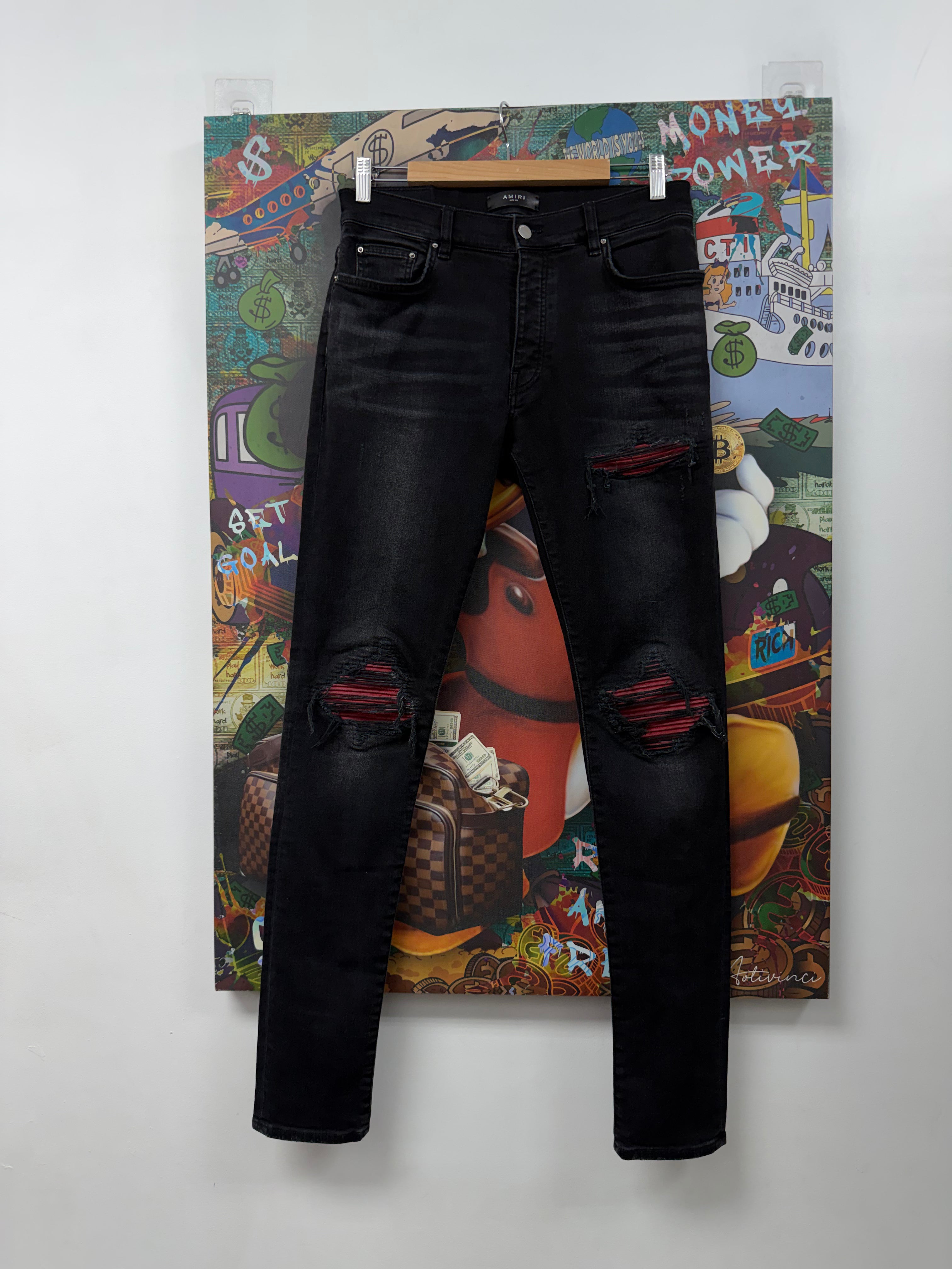 Amiri MX1 Black Wash Red Patch Jeans