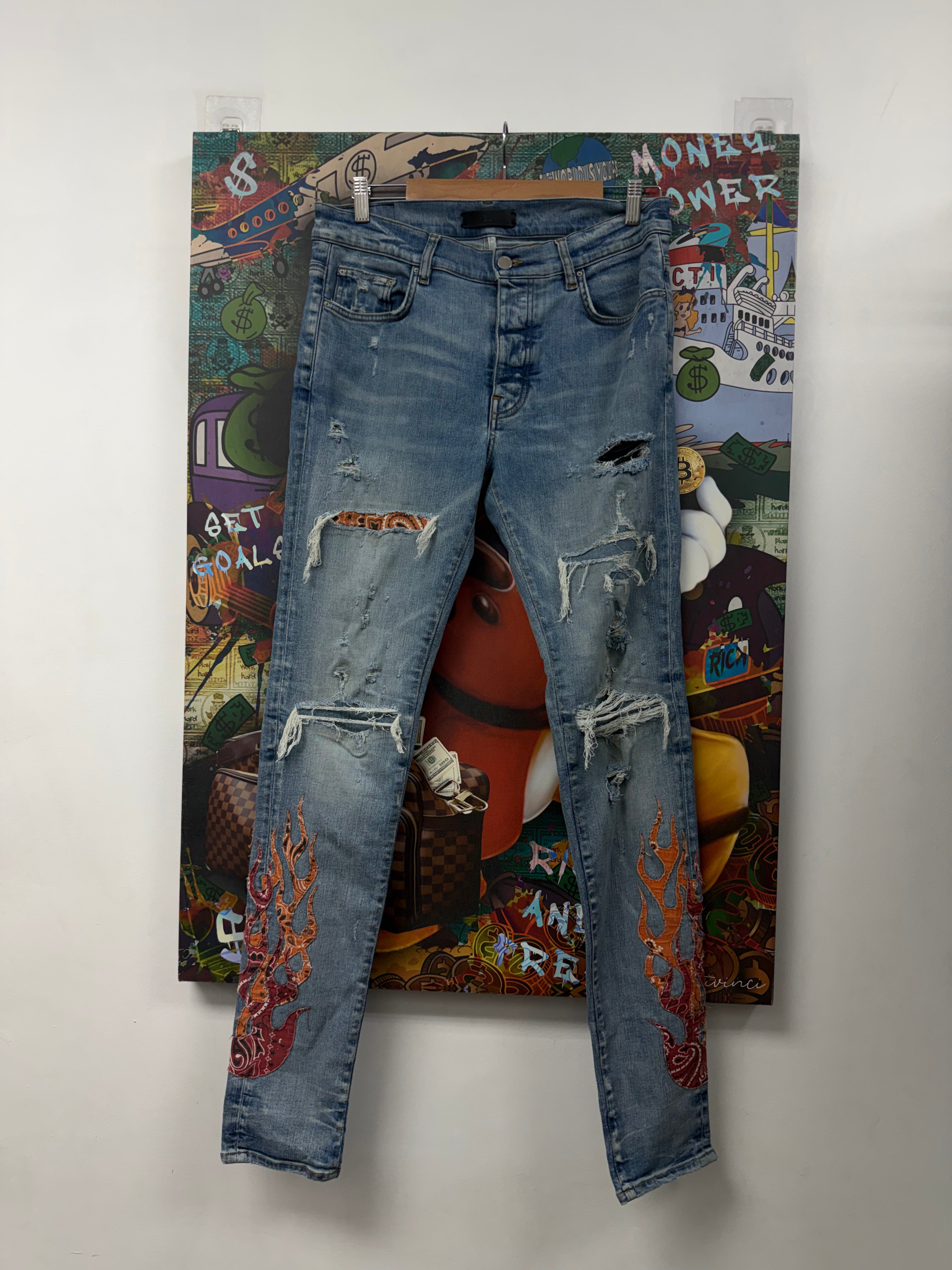 Amiri Light Wash Orange Bandana Flames Jeans