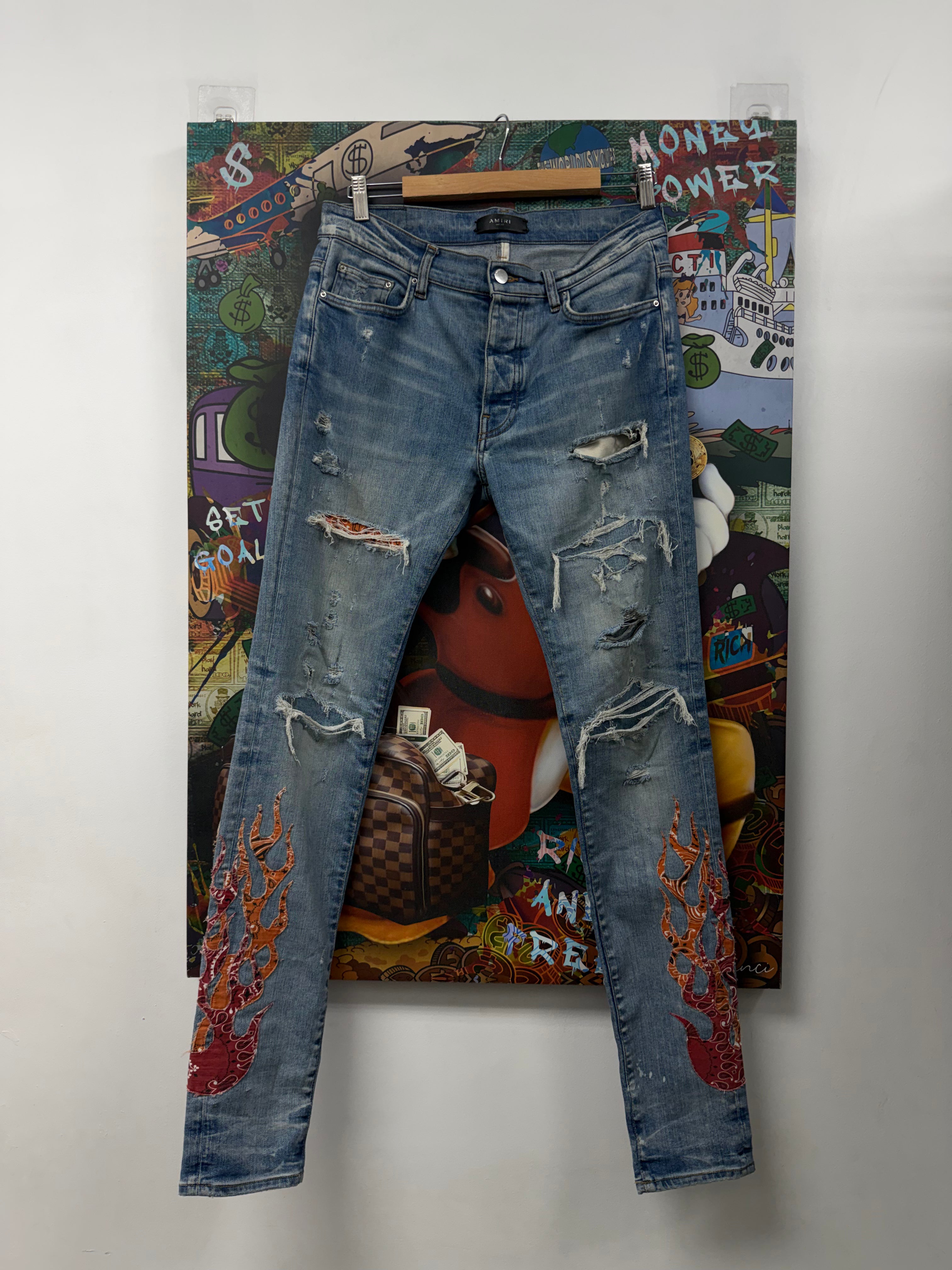 Amiri Light Wash Orange Bandana Flames Jeans