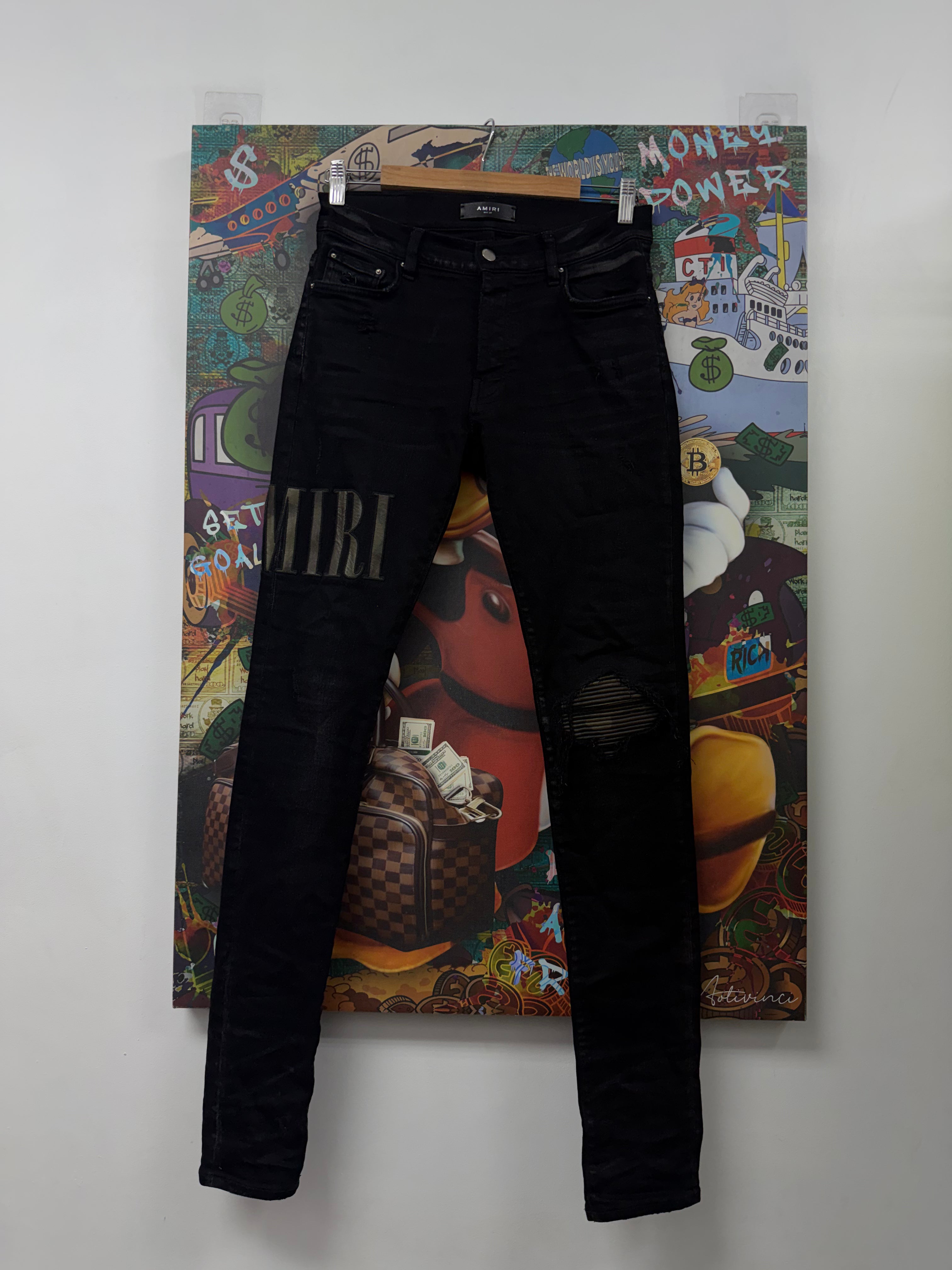 Amiri Black Wash Camo Side Logo Jeans