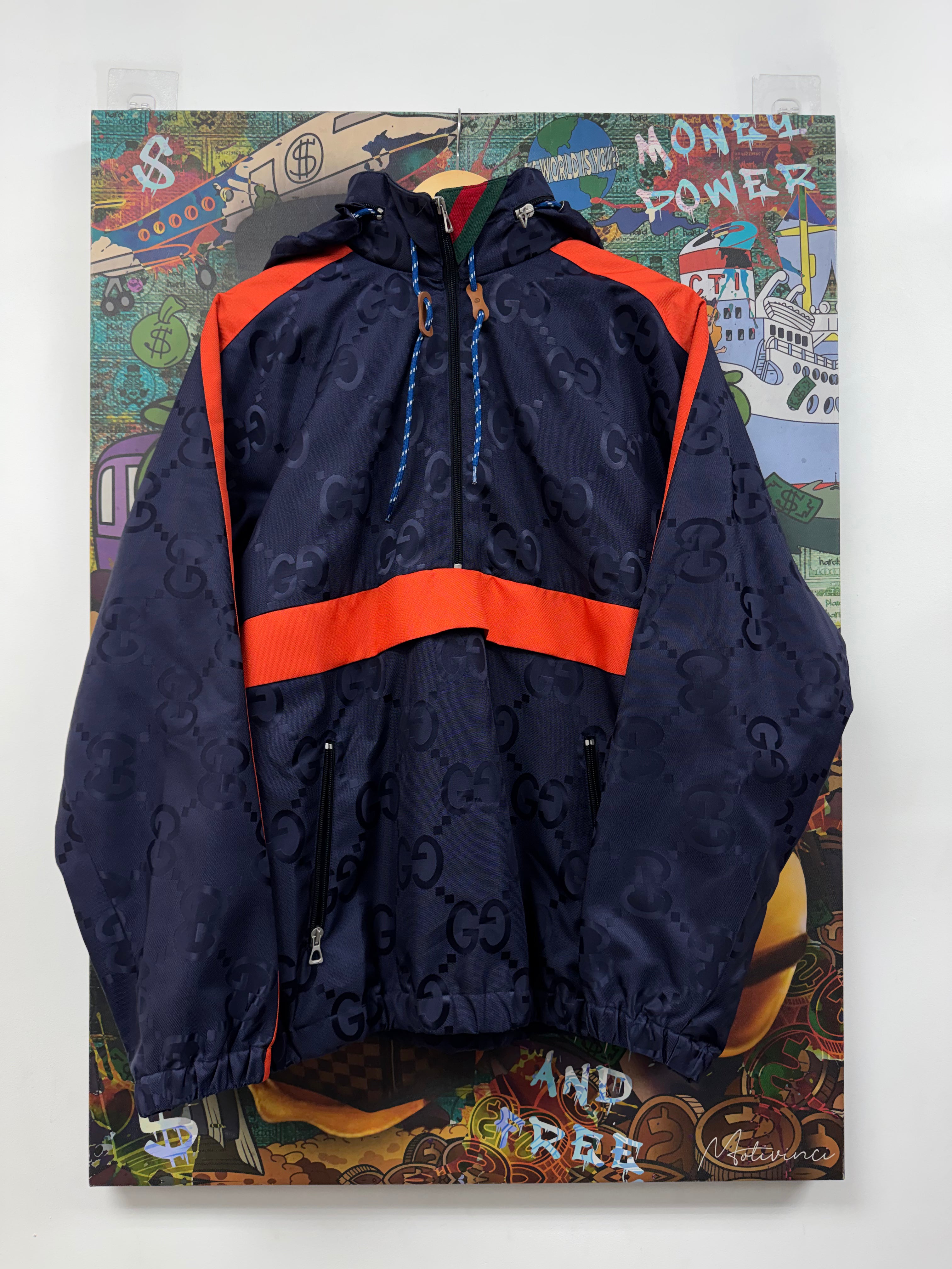 Gucci Navy Orange Monogram Quarter Zip (44) Jacket