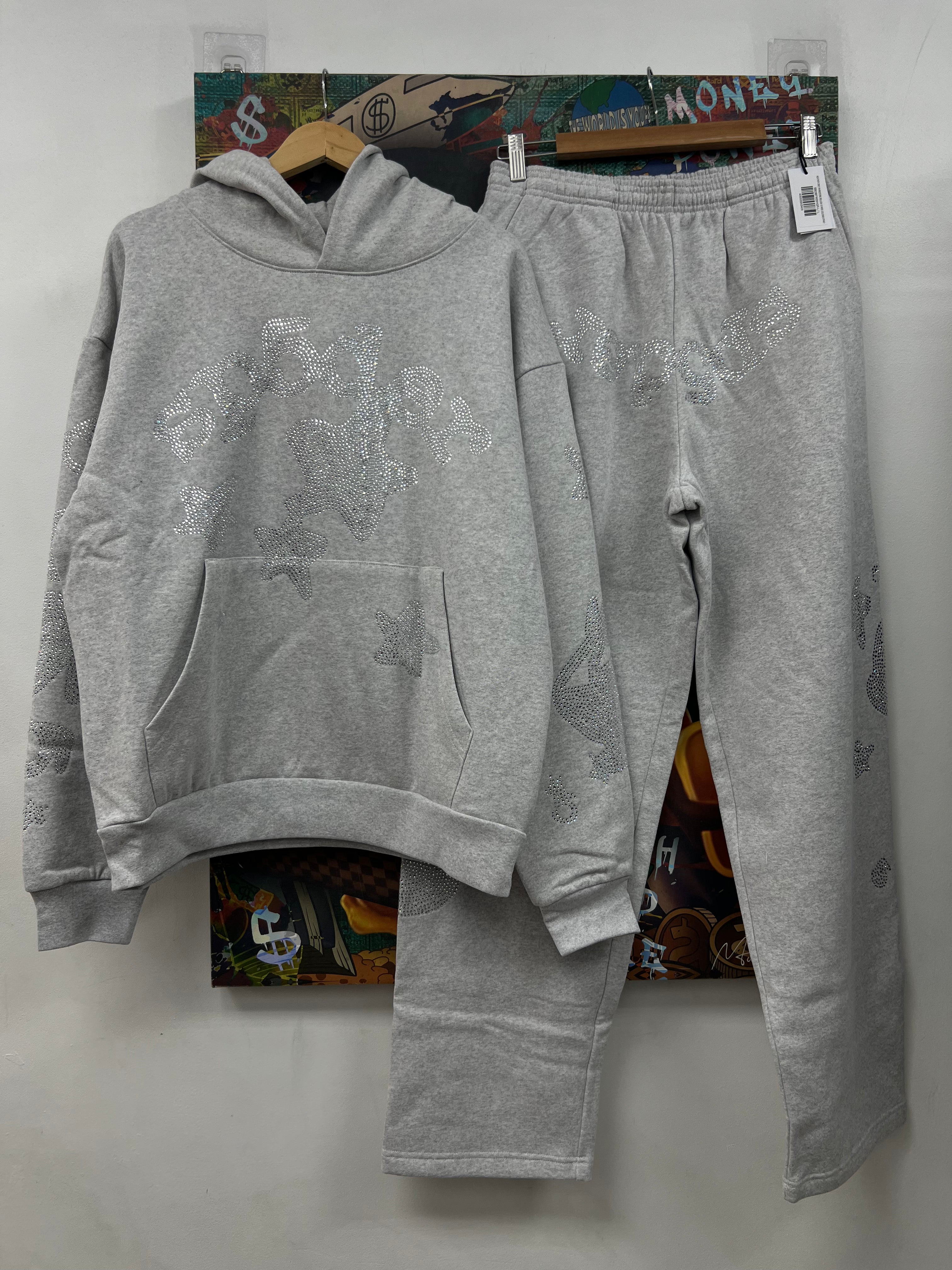 Sp5der Grey Rhinestone Beluga Sweatsuit