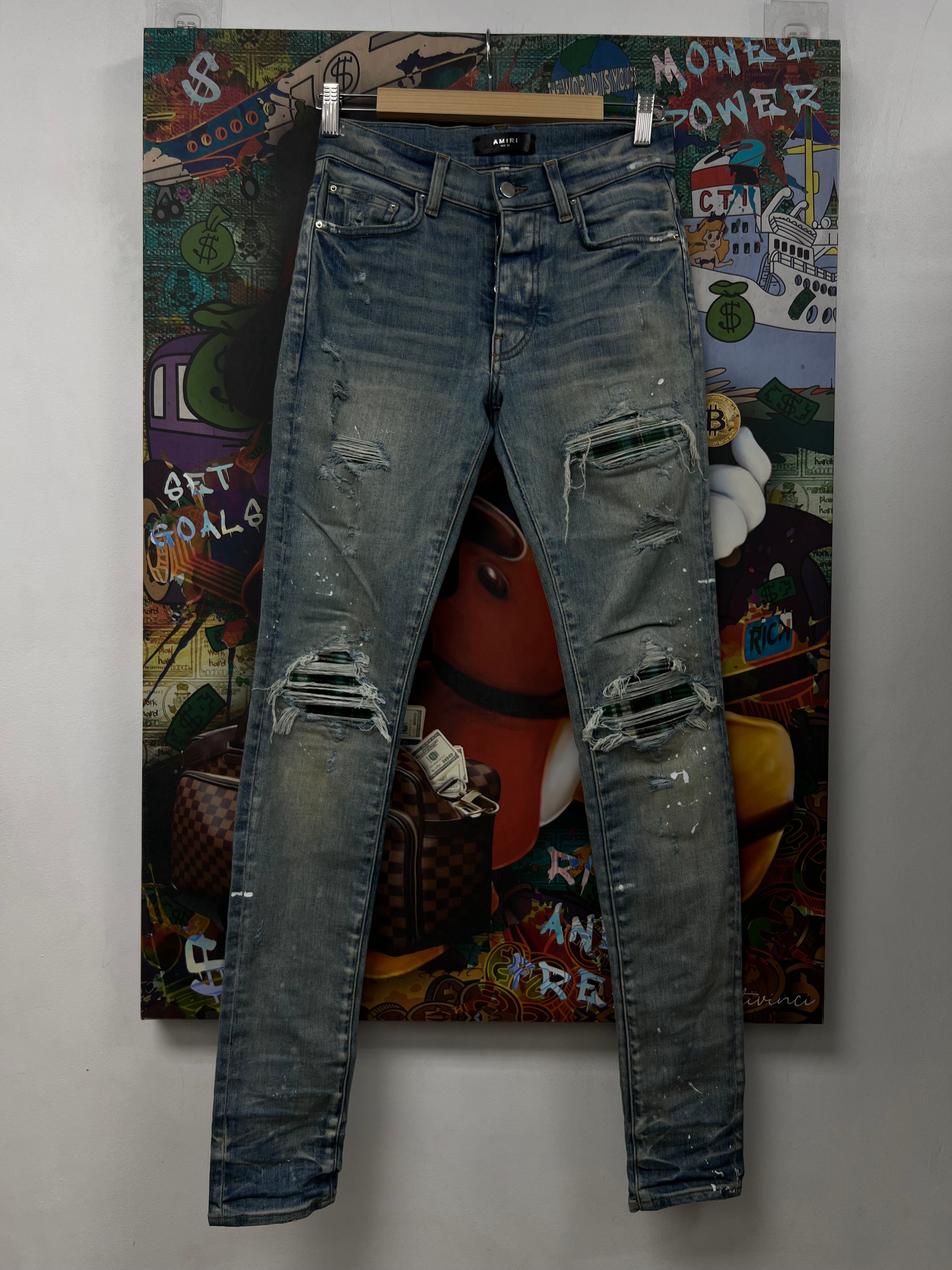 Amiri MX1 Light Wash Green Plaid Patch Jeans