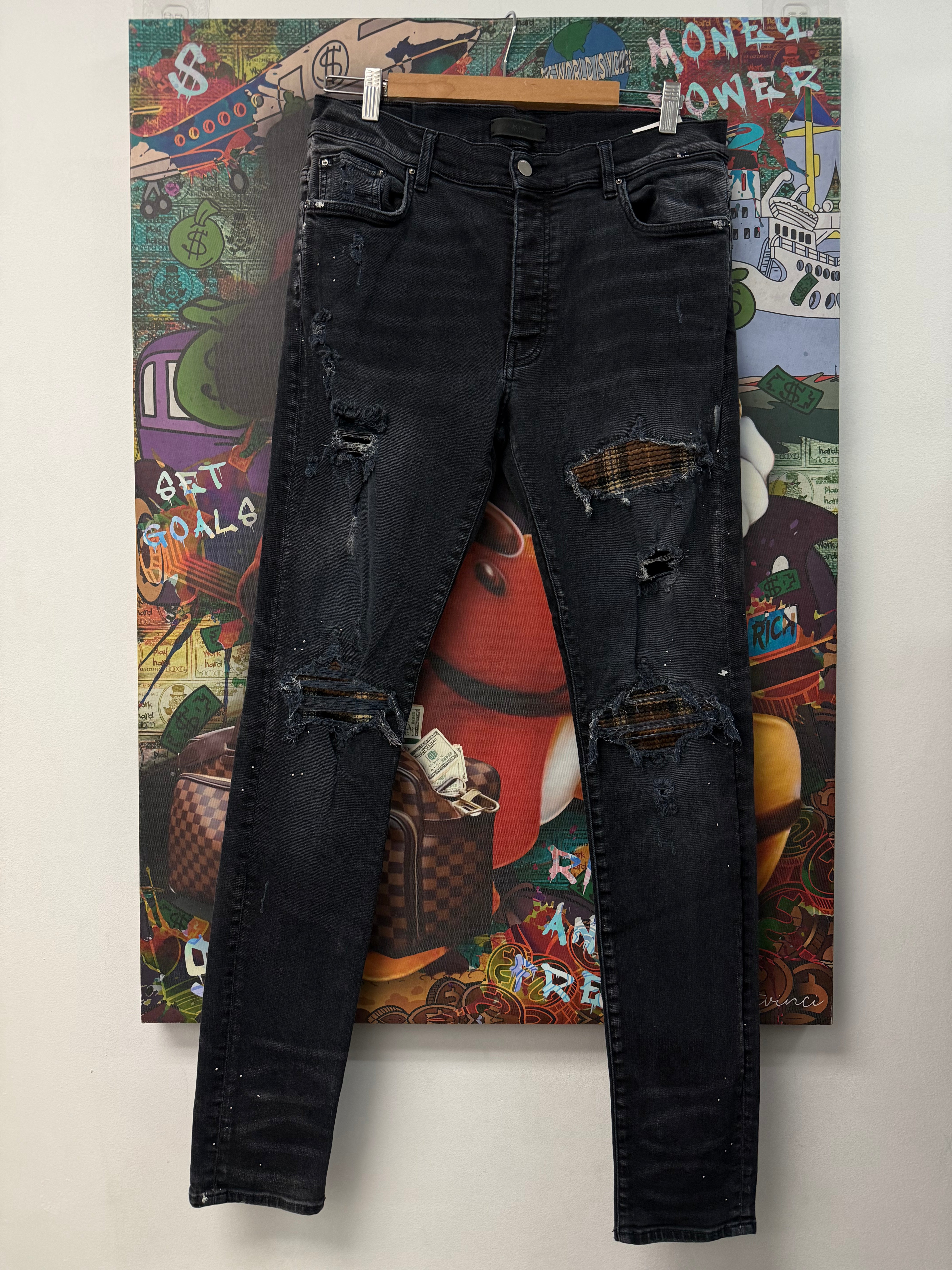 Amiri MX1 Black Brown Plaid Patch Jeans