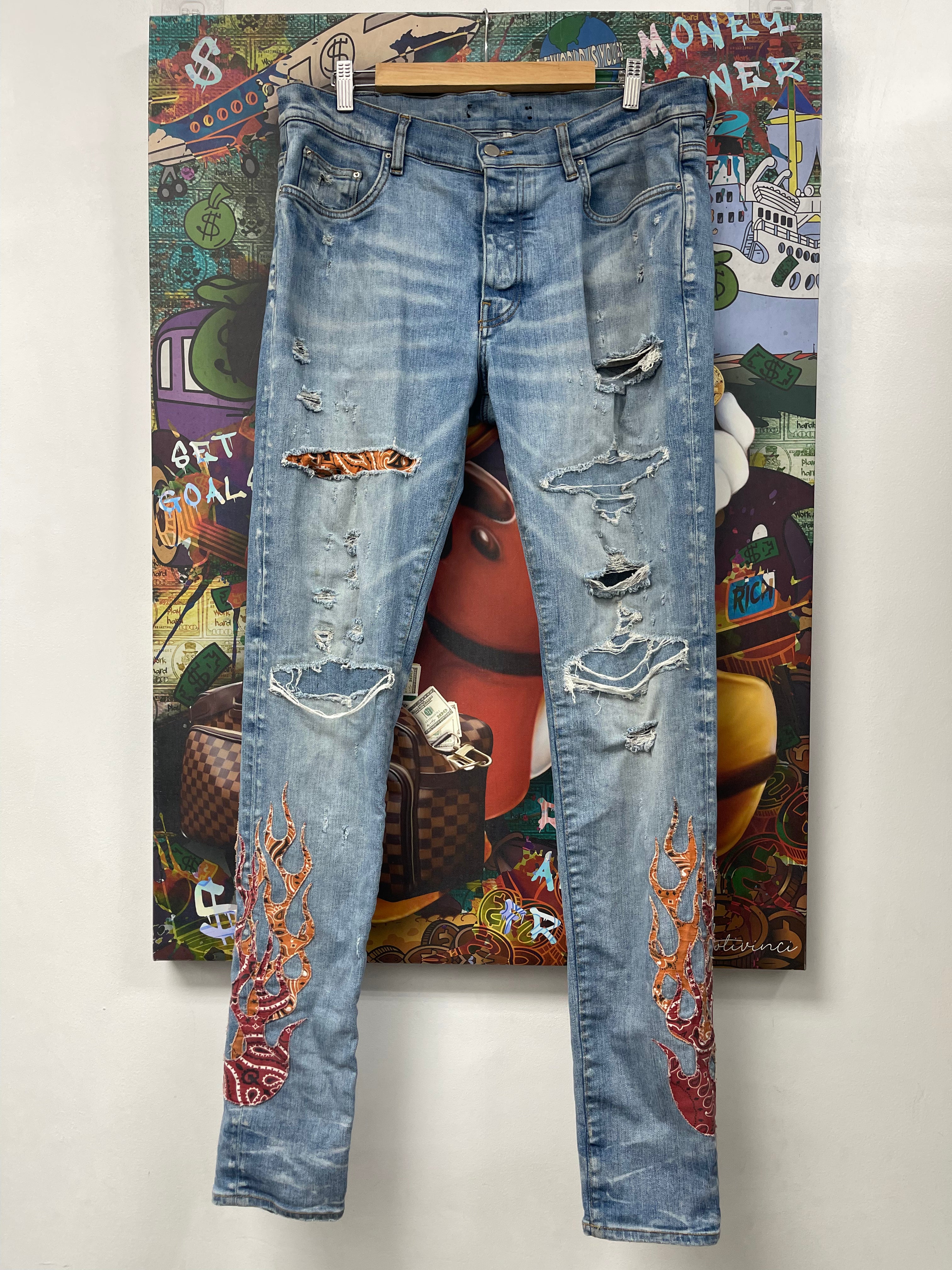 Amiri Light Wash Orange Paisley Flames Jeans