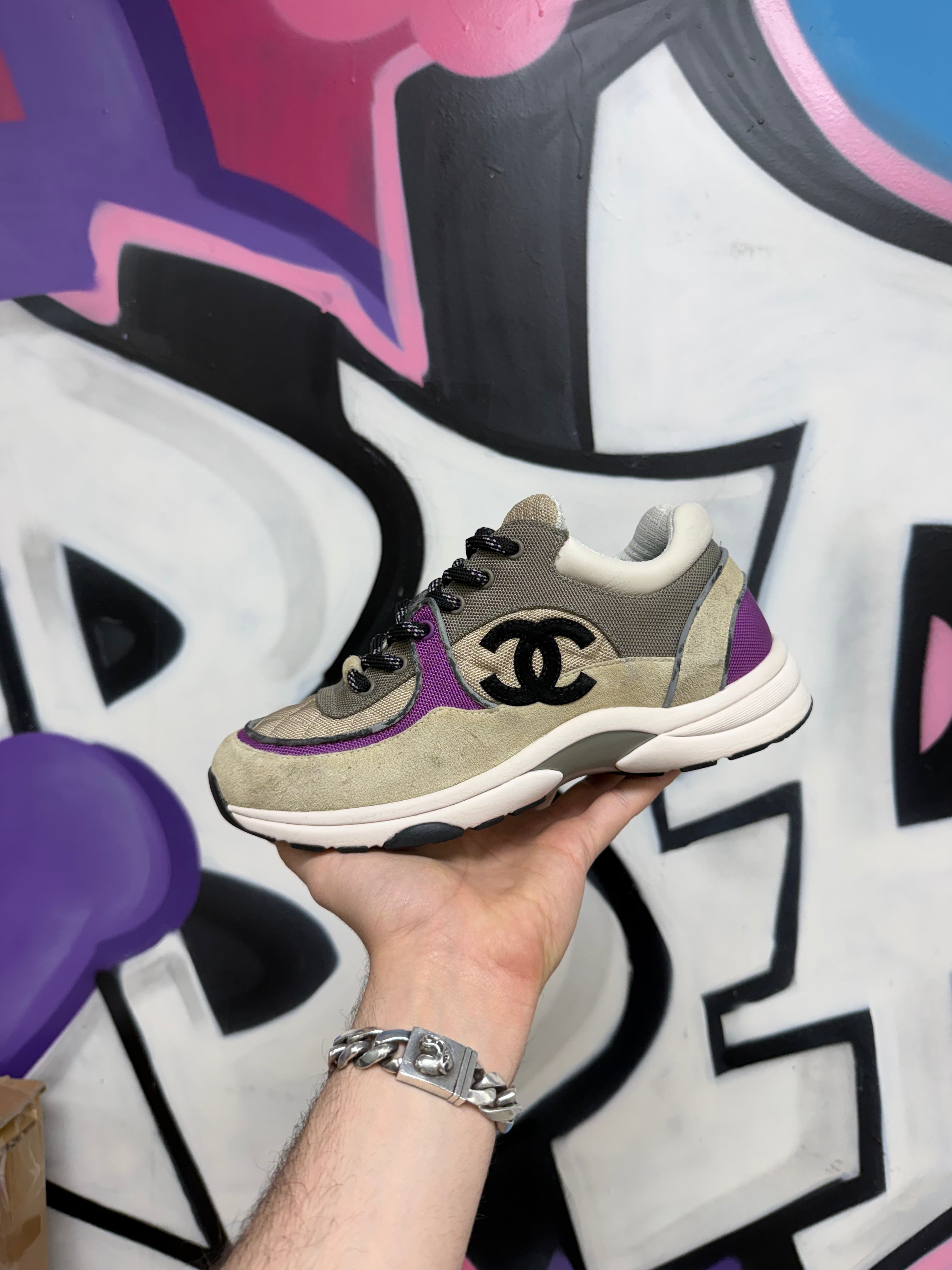 Chanel Beige Purple Quilted Trainer Sneakers