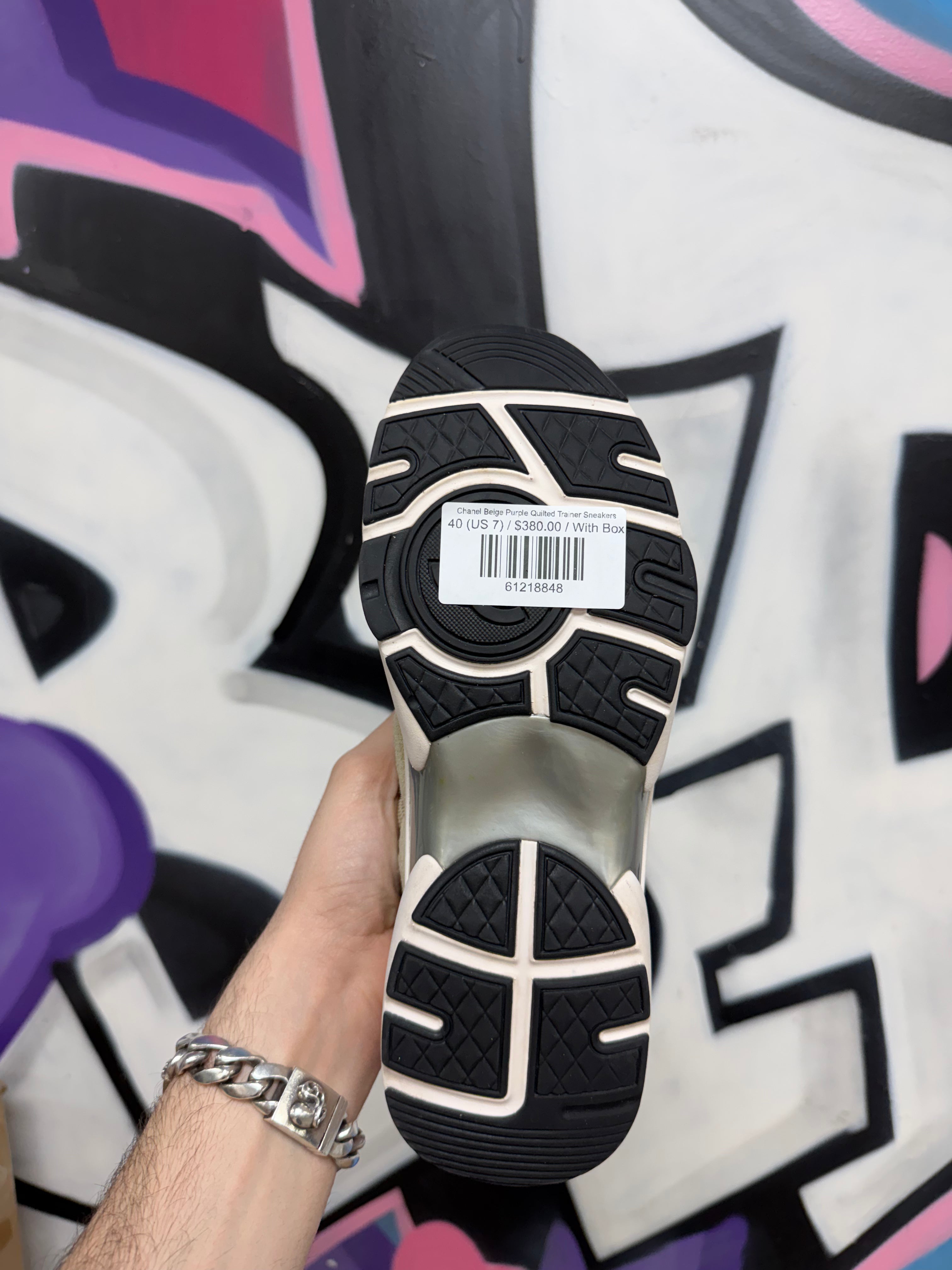 Chanel Beige Purple Quilted Trainer Sneakers