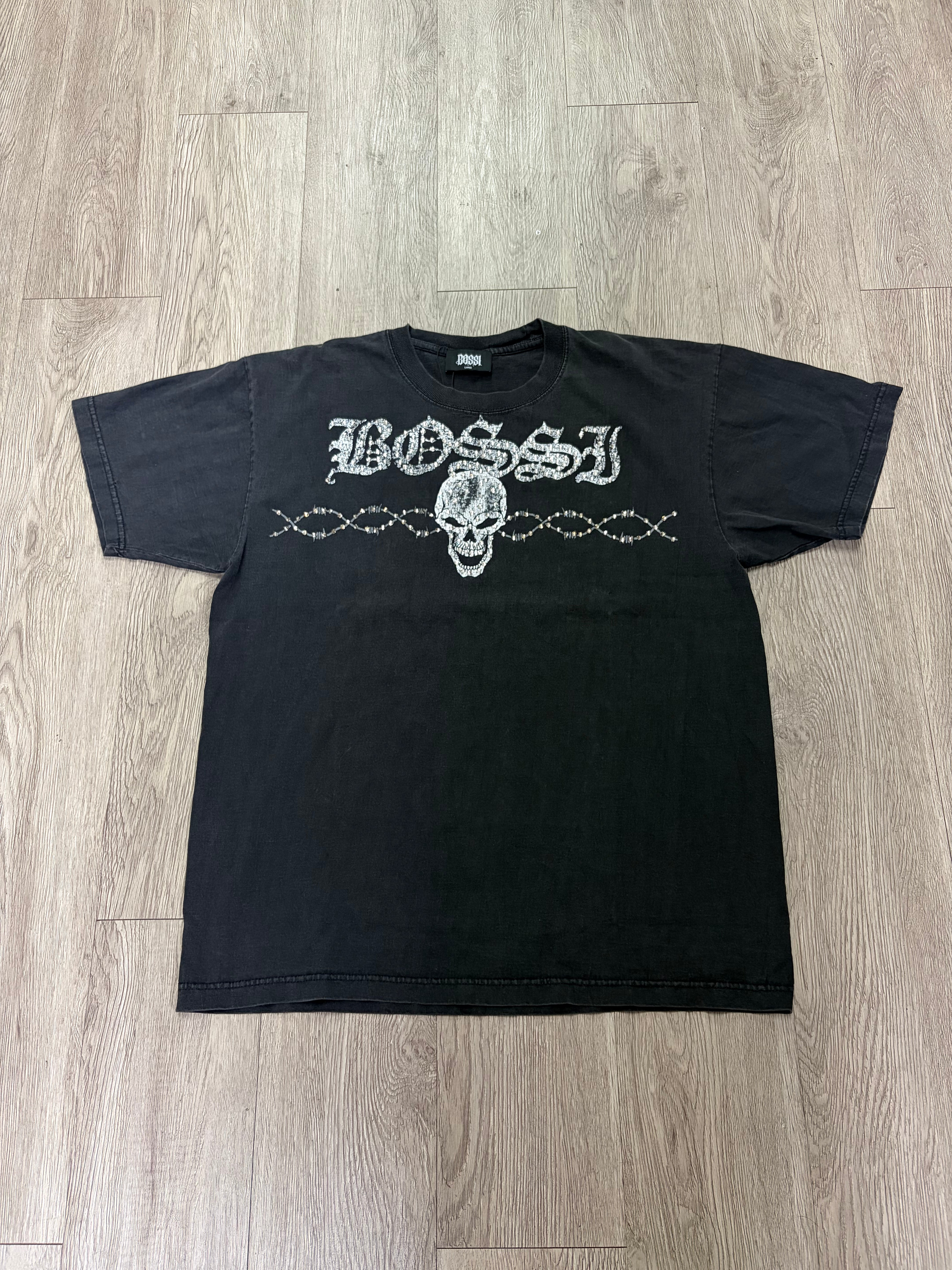 Bossi Grey Thorned Skull Rhinestone Tee