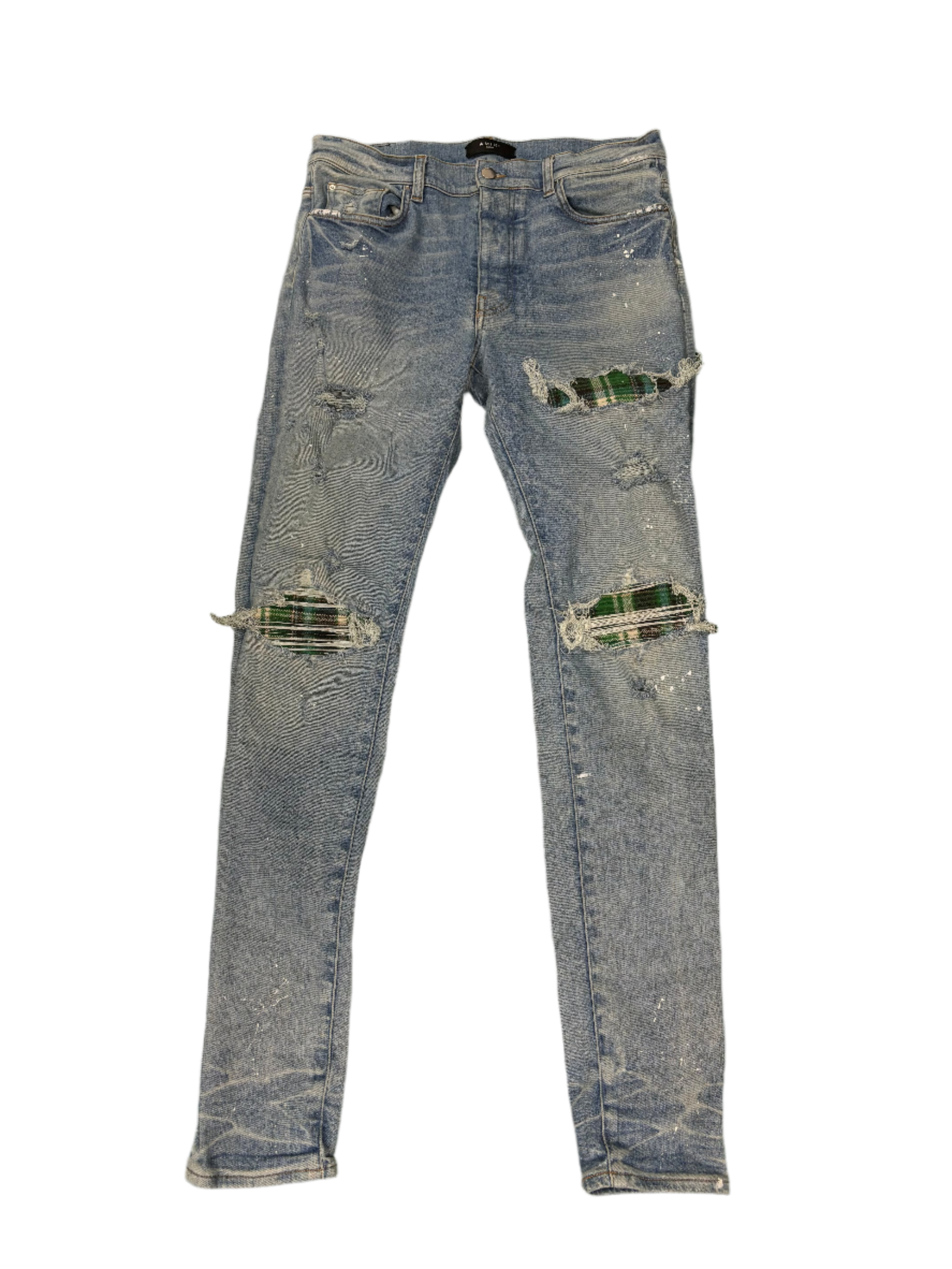 Amiri MX1 Green Plaid Patch Light Wash Blue Jeans