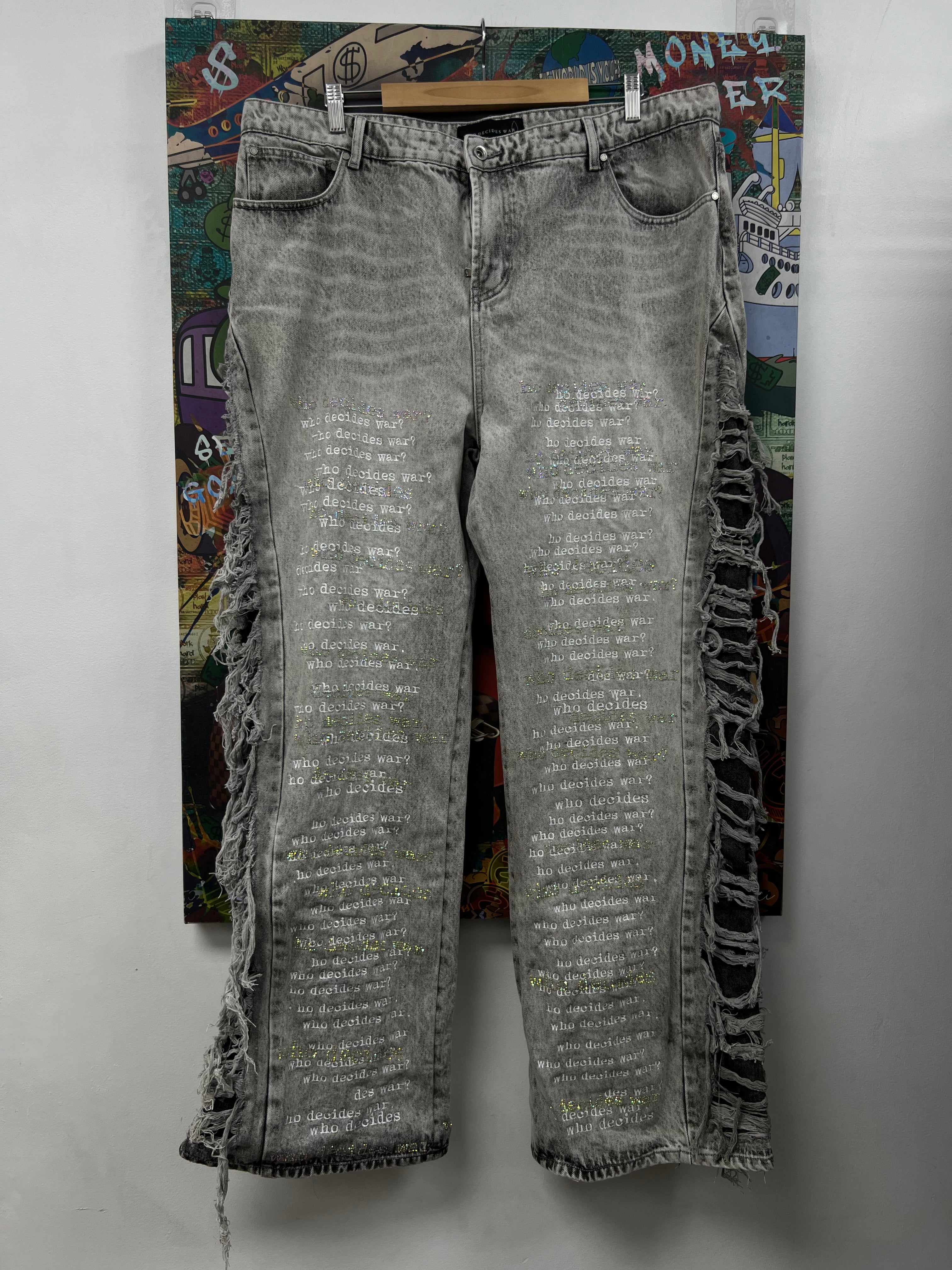 Who Decides War Grey Scripture Rhinestone Jeans