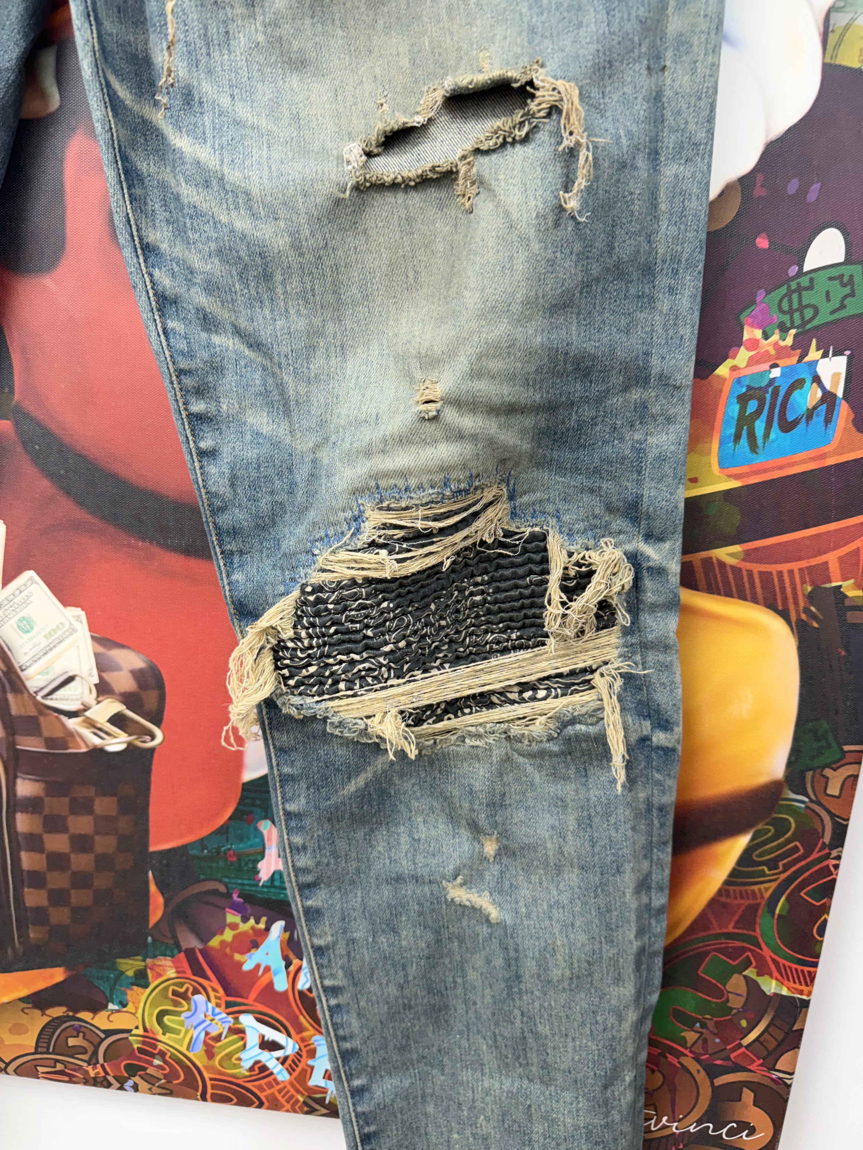 Amiri MX1 Aged Wash Black Bandana (Zipper) Patch Jeans