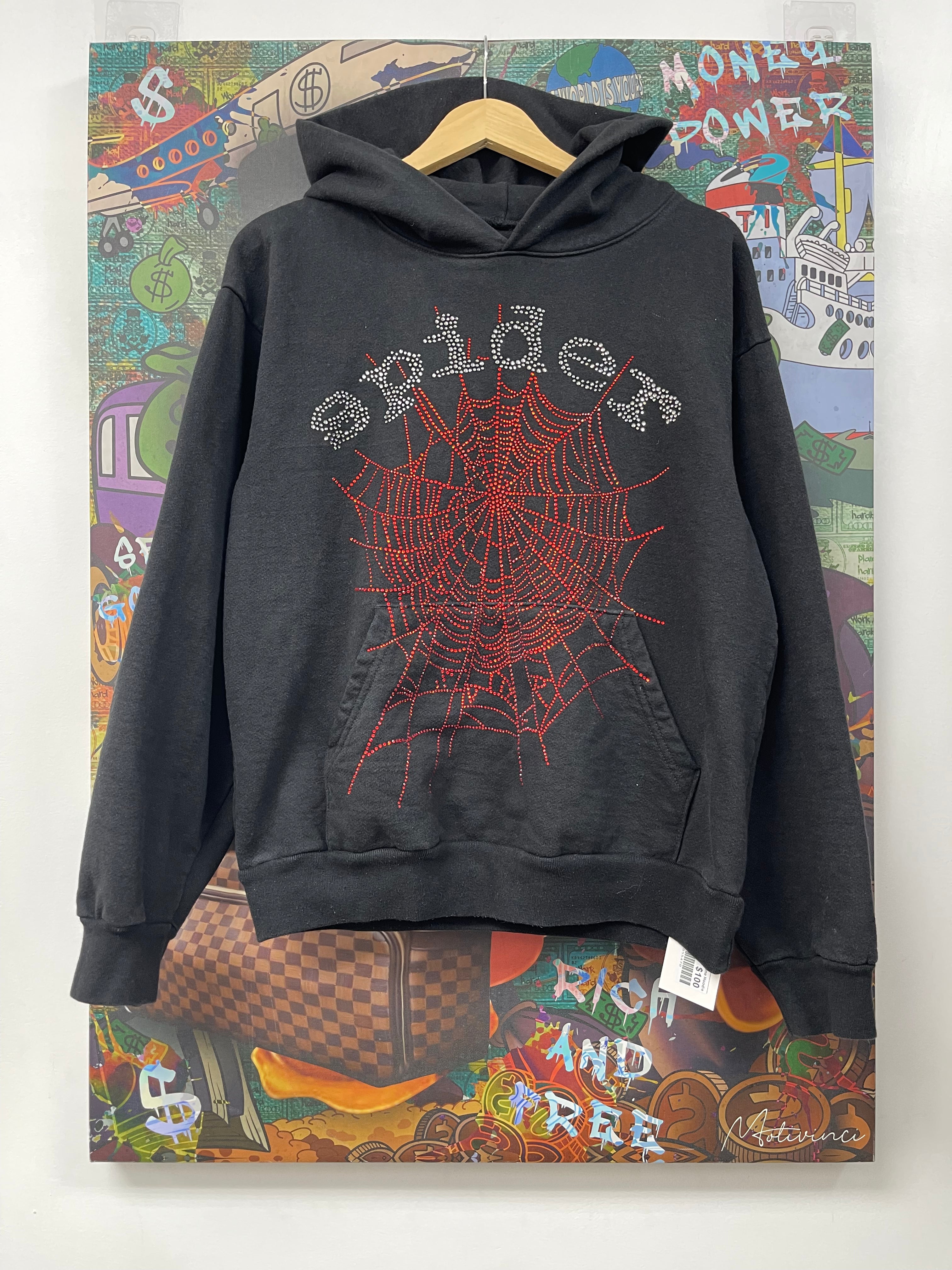 Sp5der Black Rhinestone Hoodie