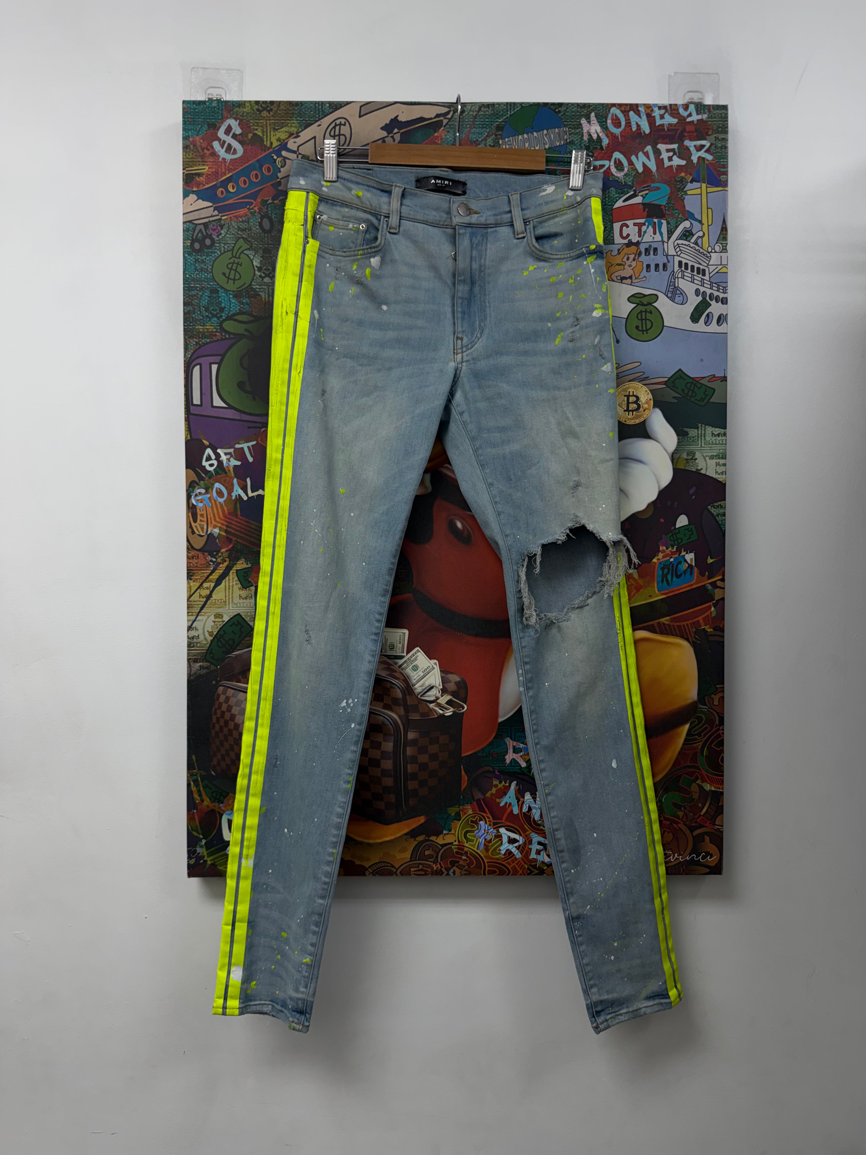 Amiri Light Wash Neon Splatter Stripe Jeans