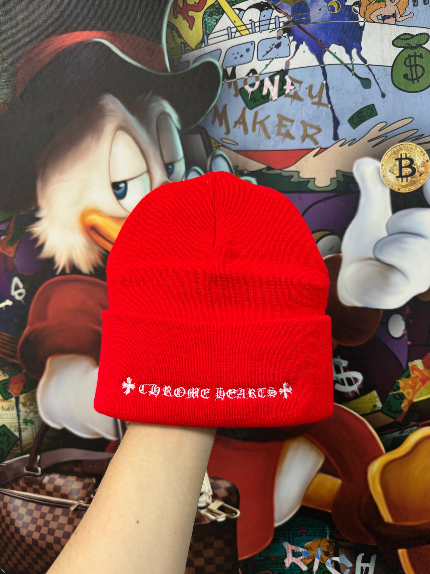 Chrome Hearts Red White CH Logo Beanie