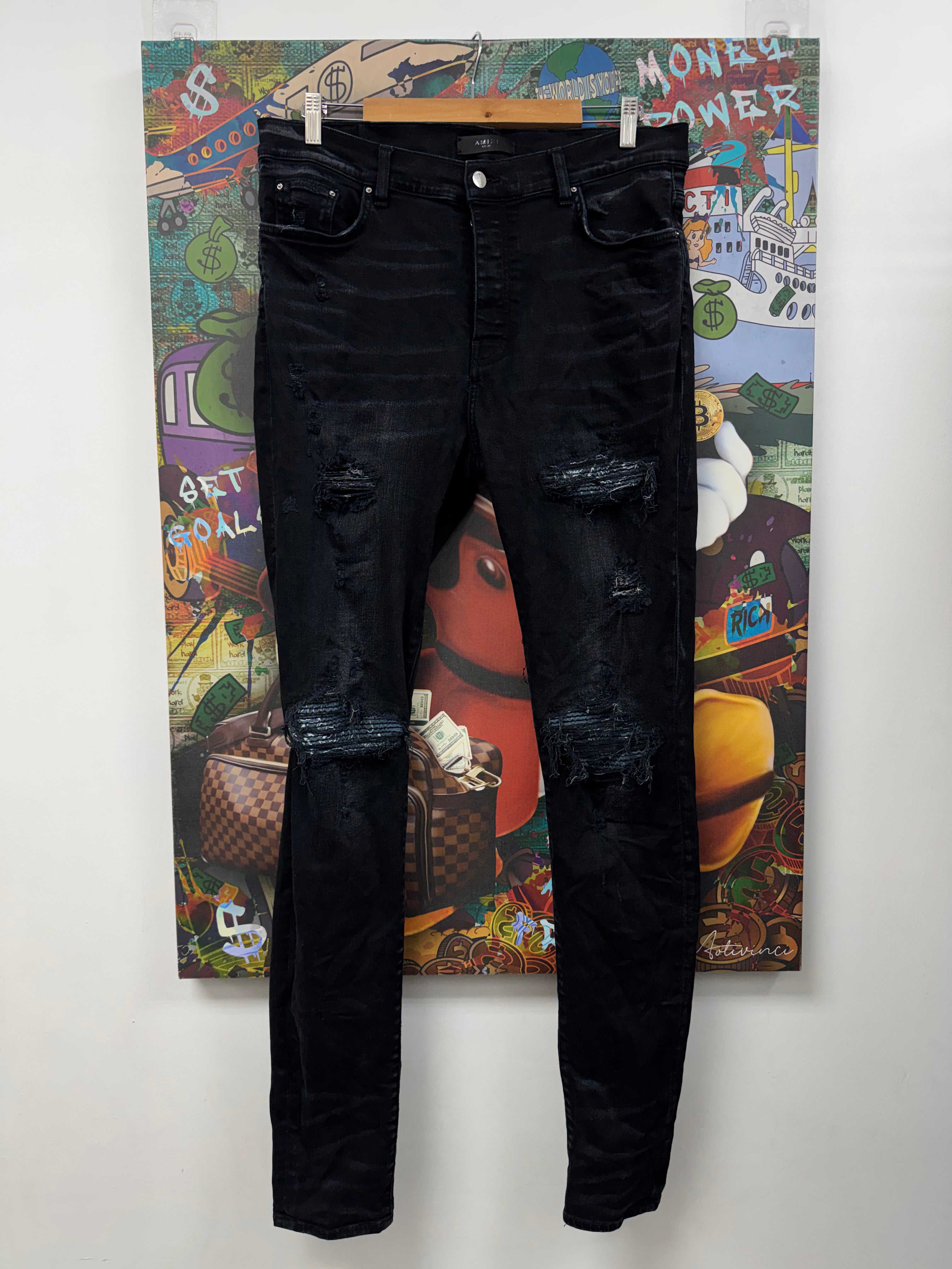 Amiri MX1 Black Wash Teal Paisley Patch Jeans