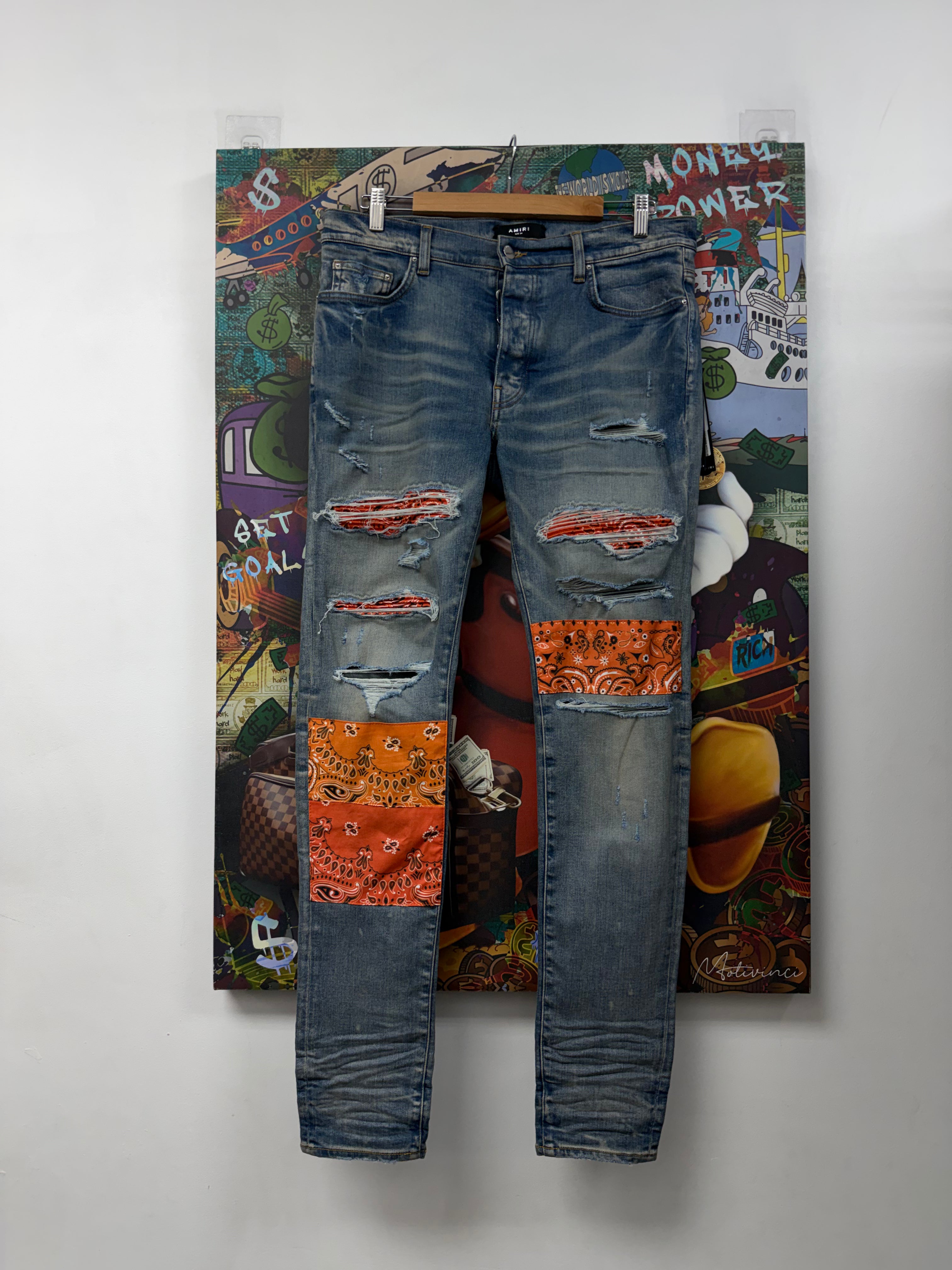 Amiri Light Wash Orange Paisley Patchwork Jeans