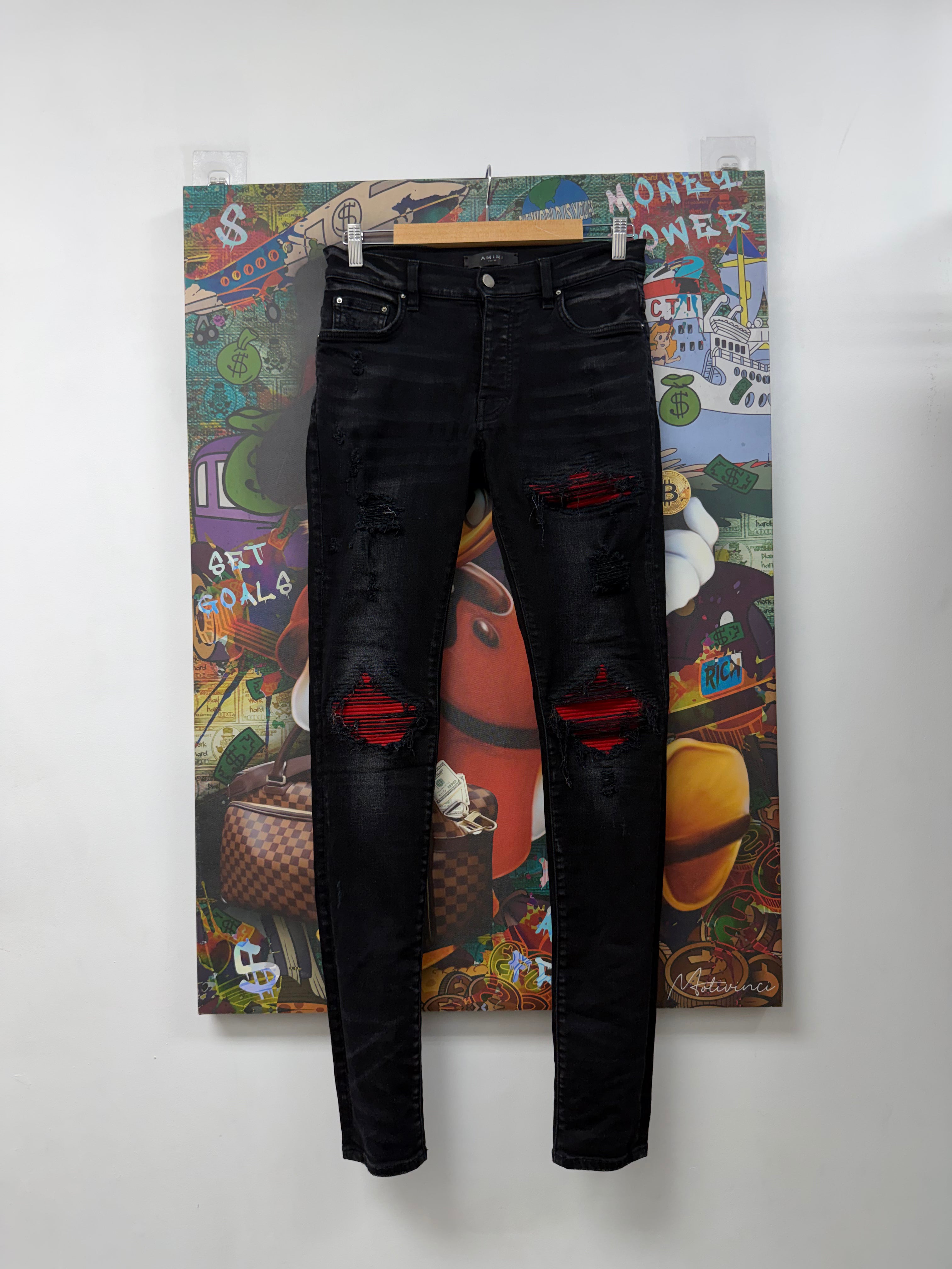 Amiri MX1 Black Wash Red Suede Patch Jeans