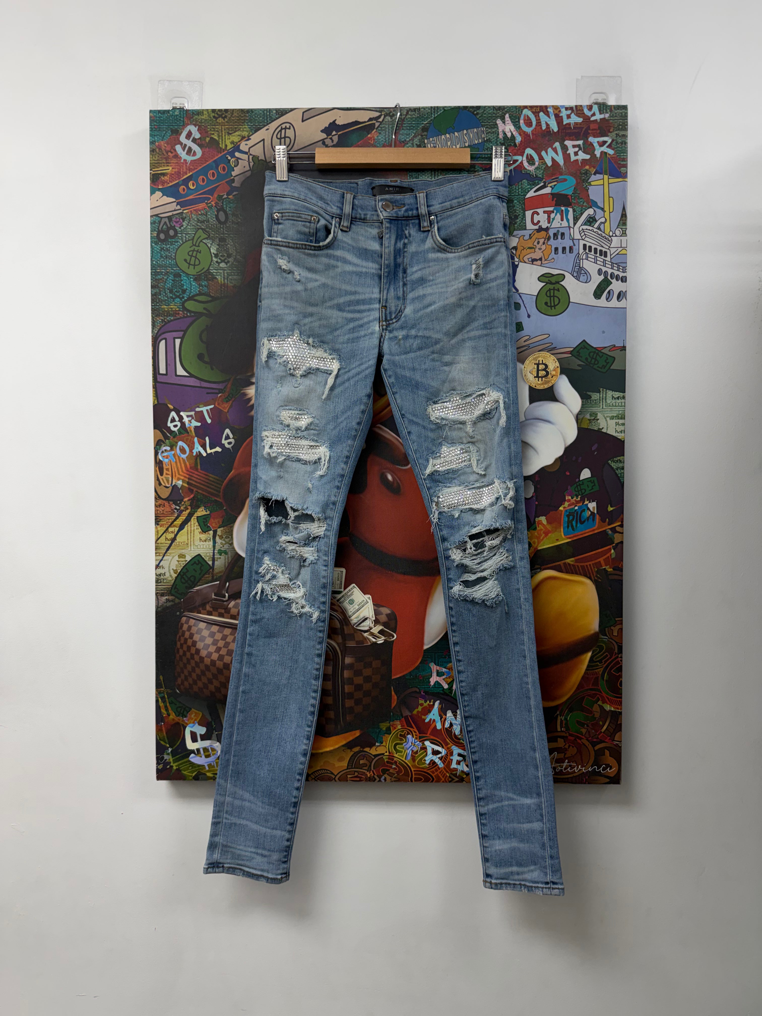 Amiri Light Wash Swarovski Crystal Thrasher Jeans