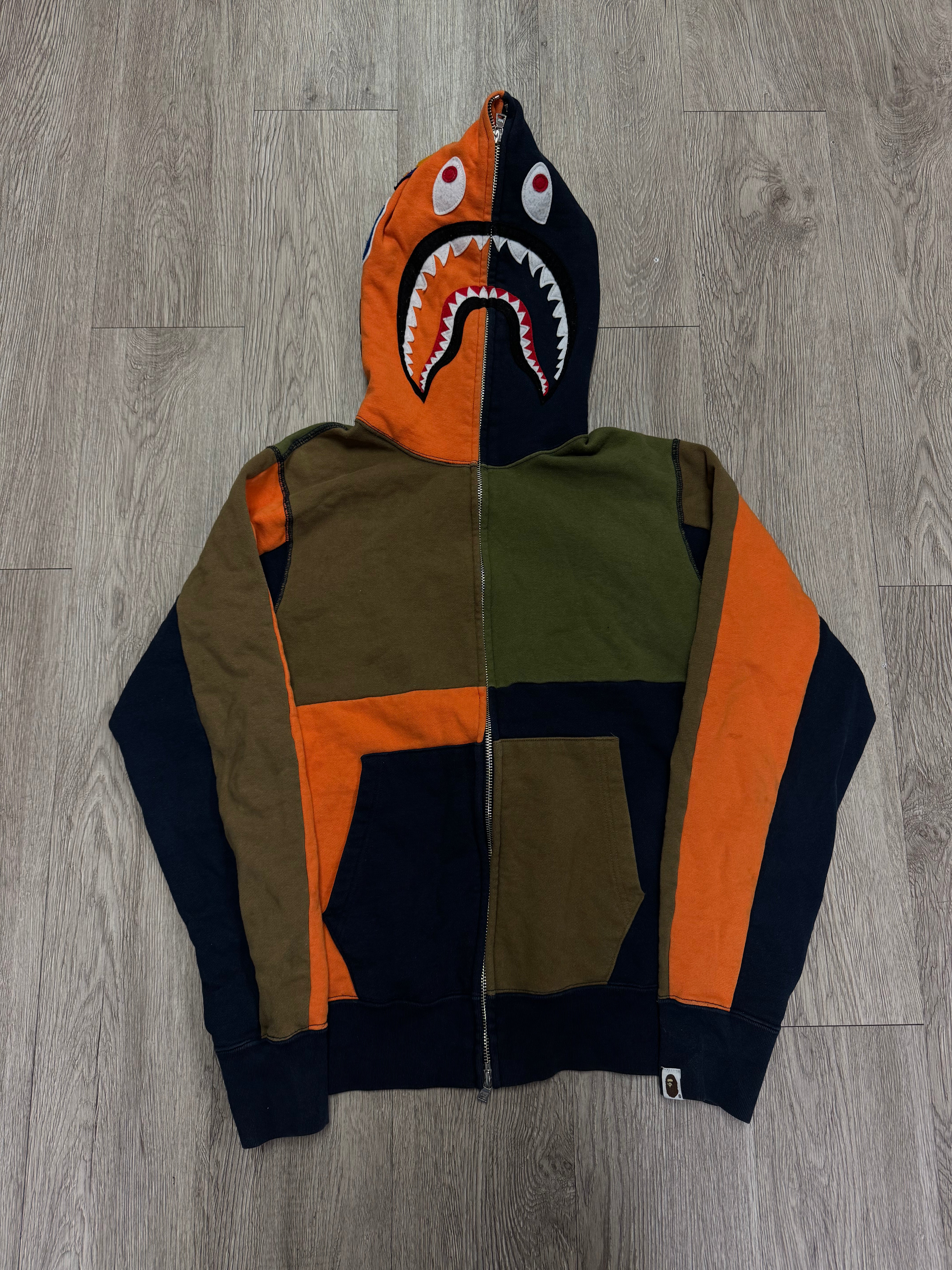 BAPE Navy Orange Olive Patchwork Shark Zip Up Hoodie