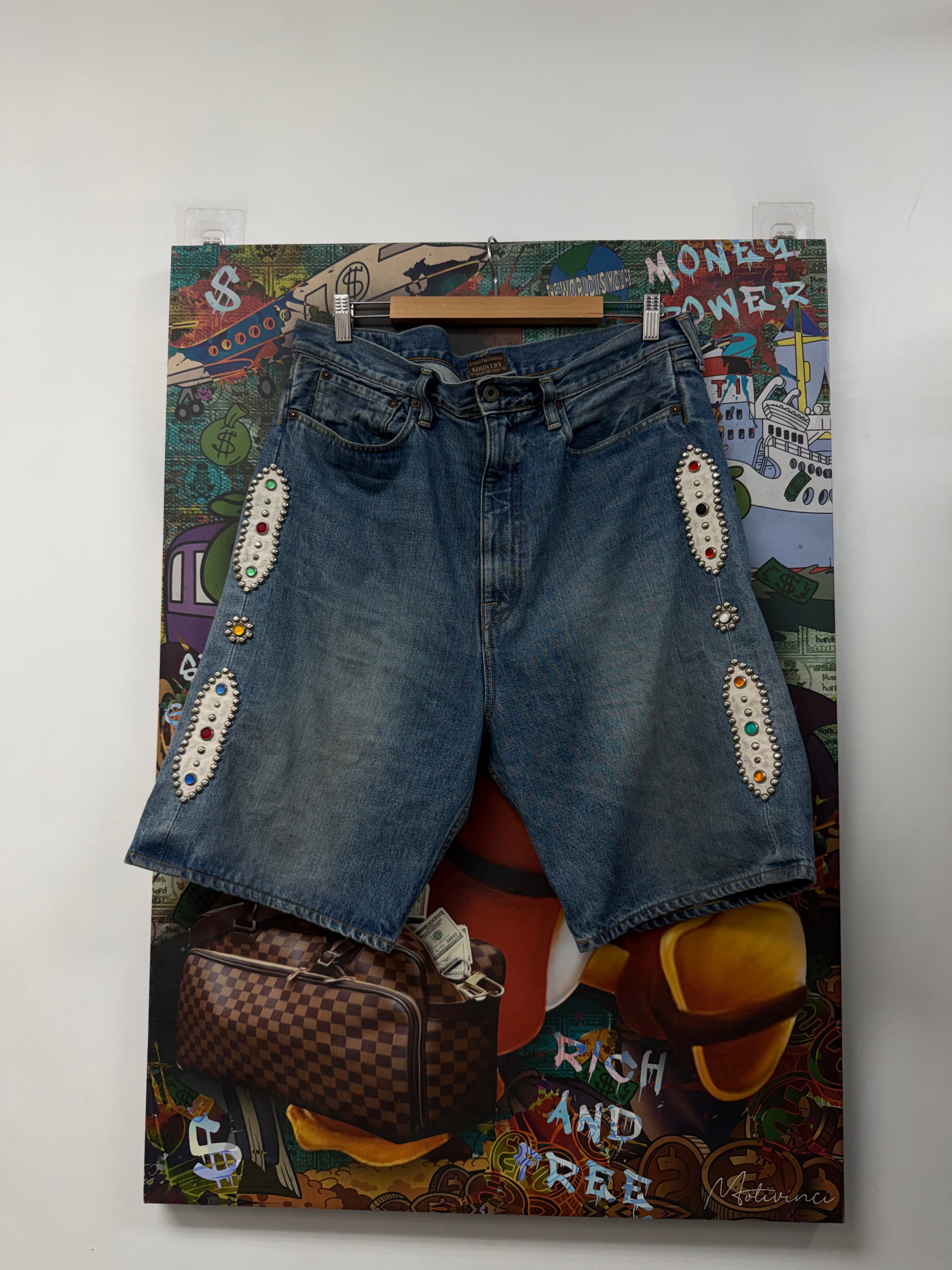 Kapital Blue Side Gem Stud Jean Shorts
