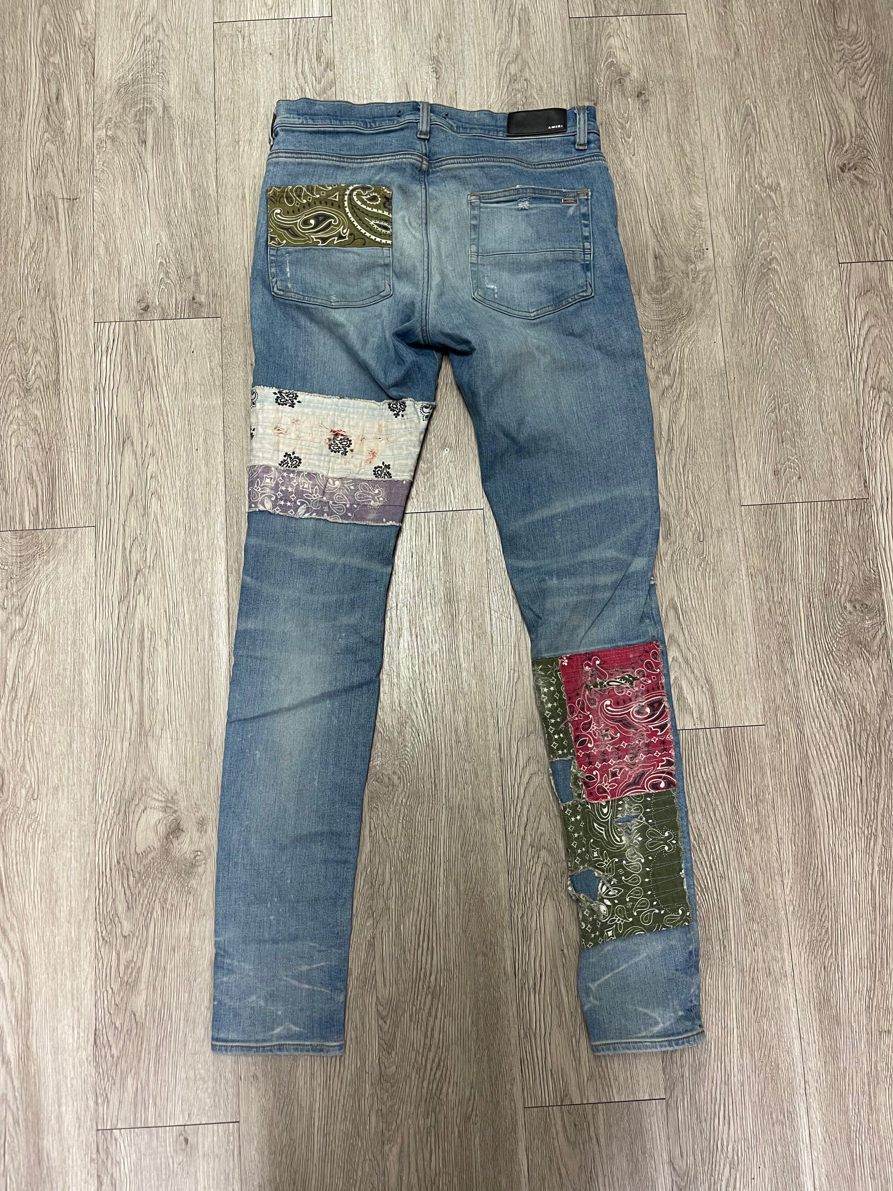 Amiri Light Wash Multi Distressed Paisley Patchwork Jeans