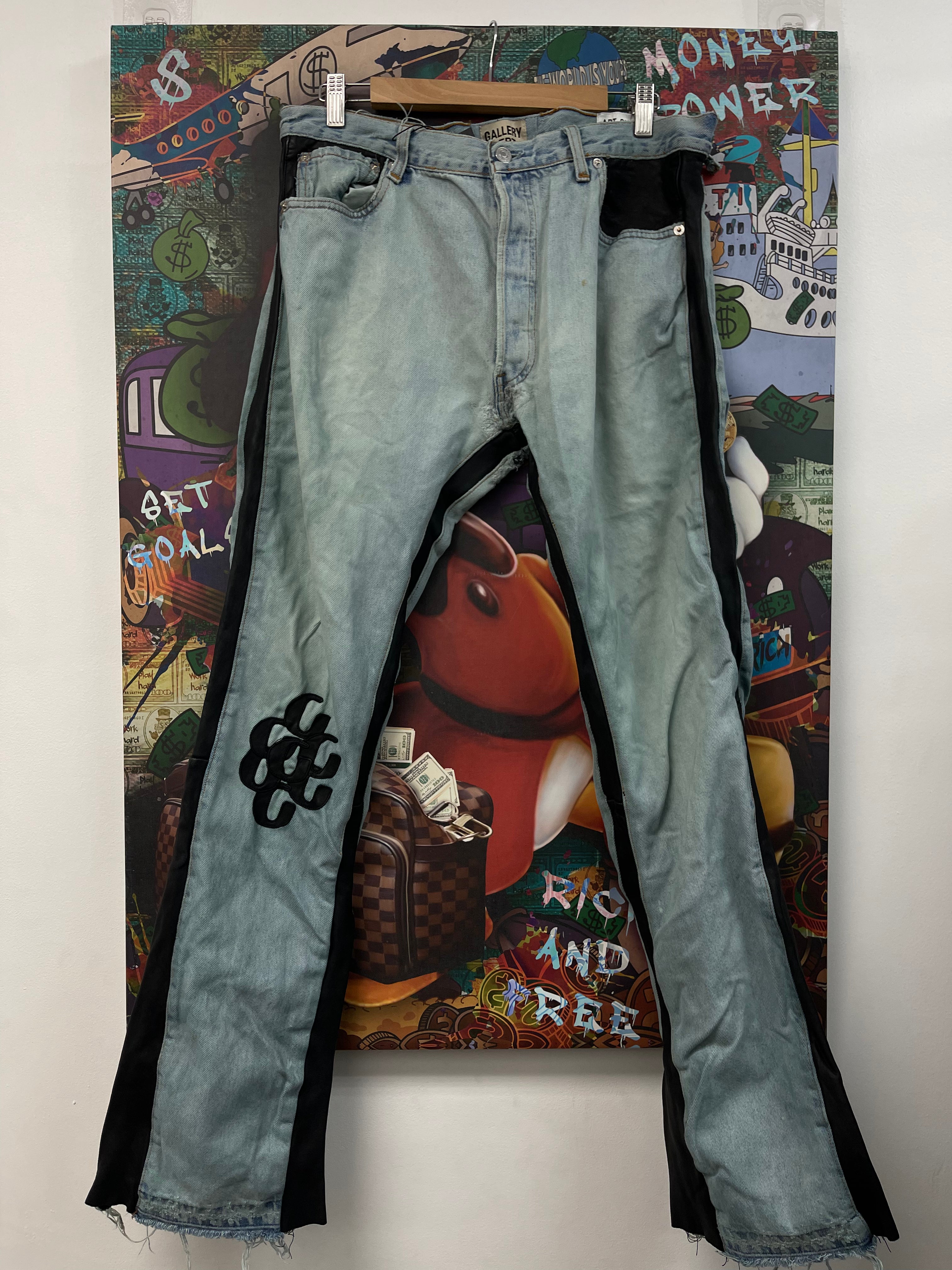 Gallery Dept Light Wash Black Leather G-Patch Flare Jeans