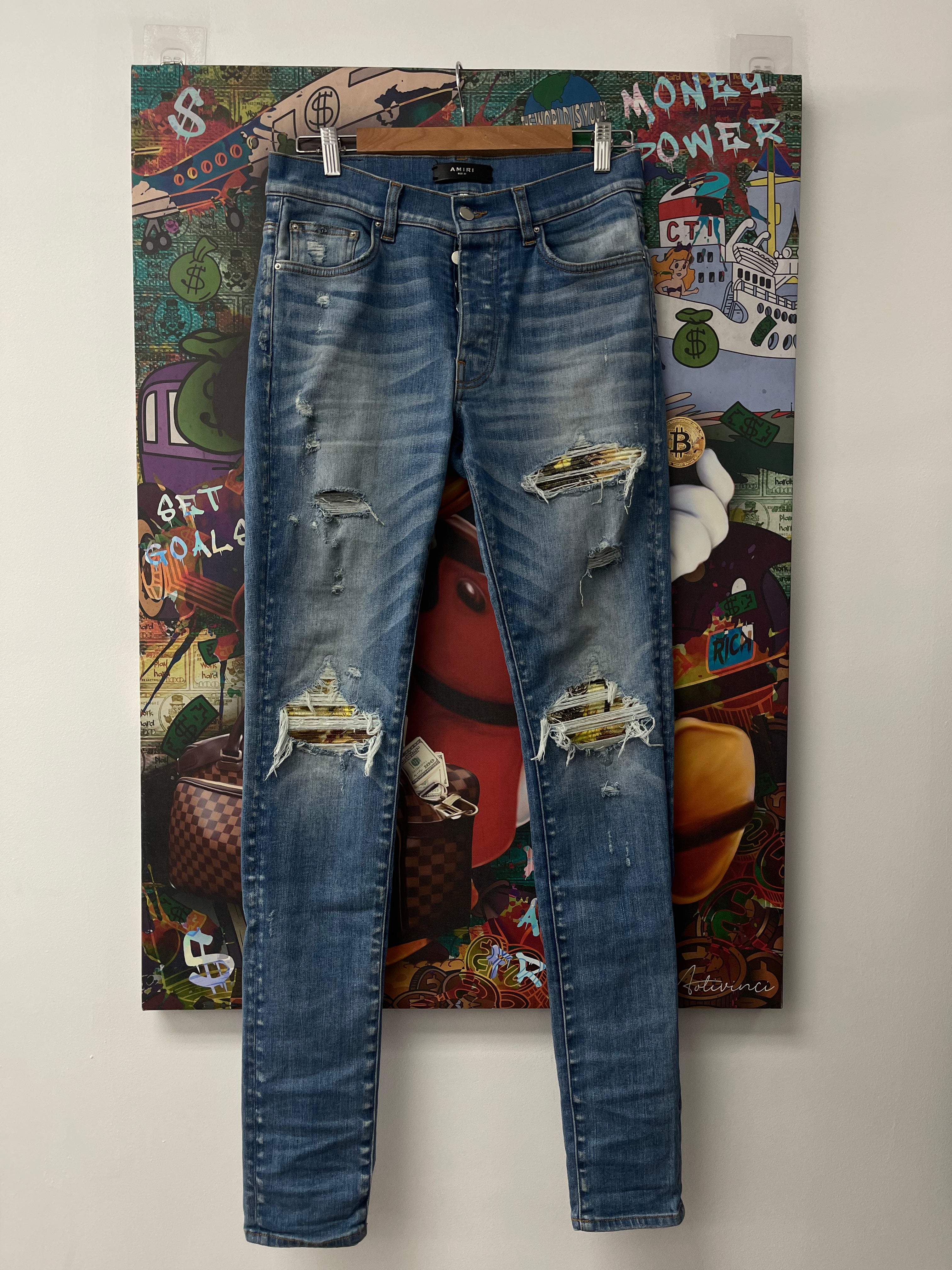 Amiri MX1 Jeans Black Camo Patch Used 30