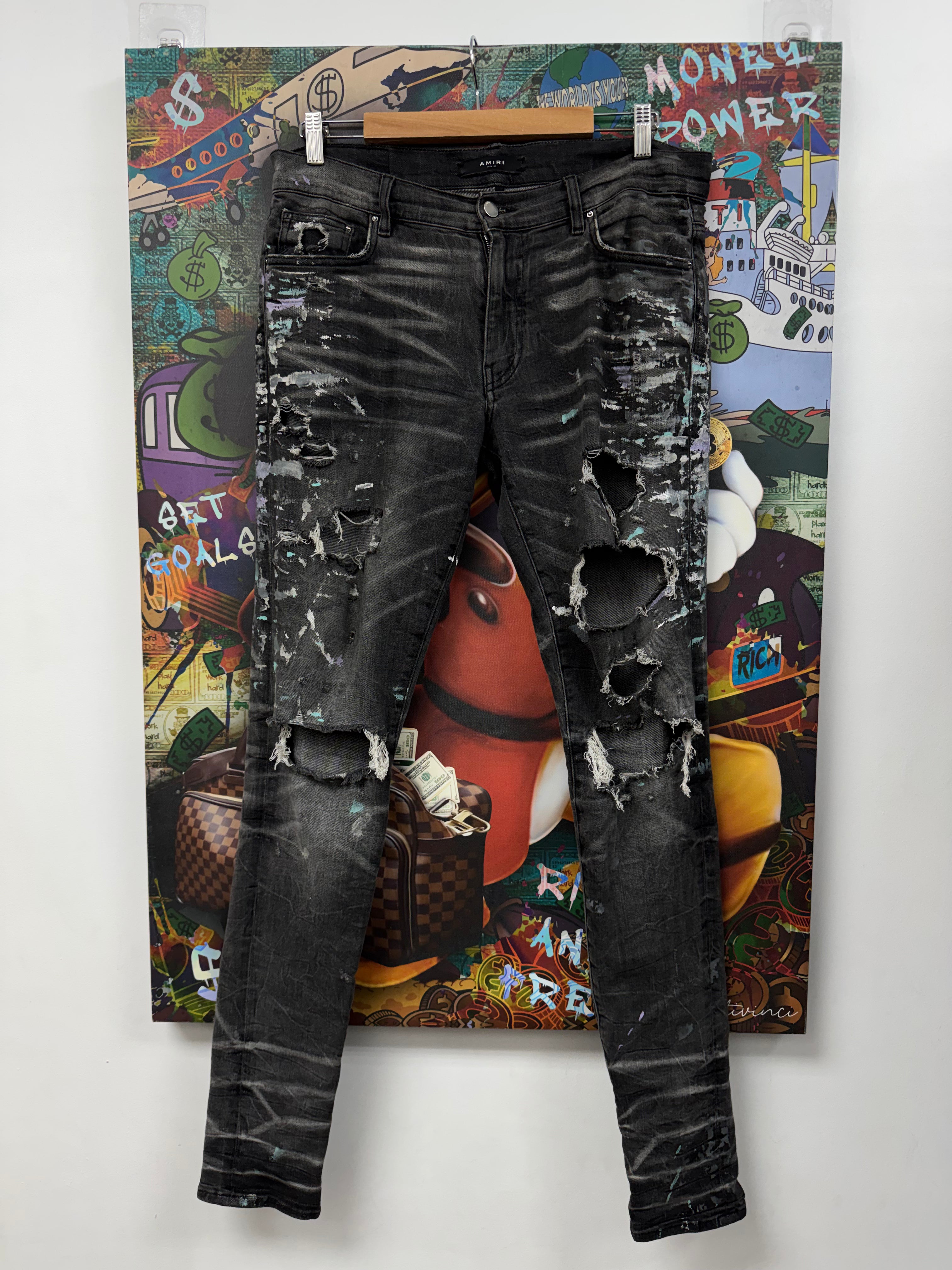 Amiri Grey Teal Splatter Ripped Jeans