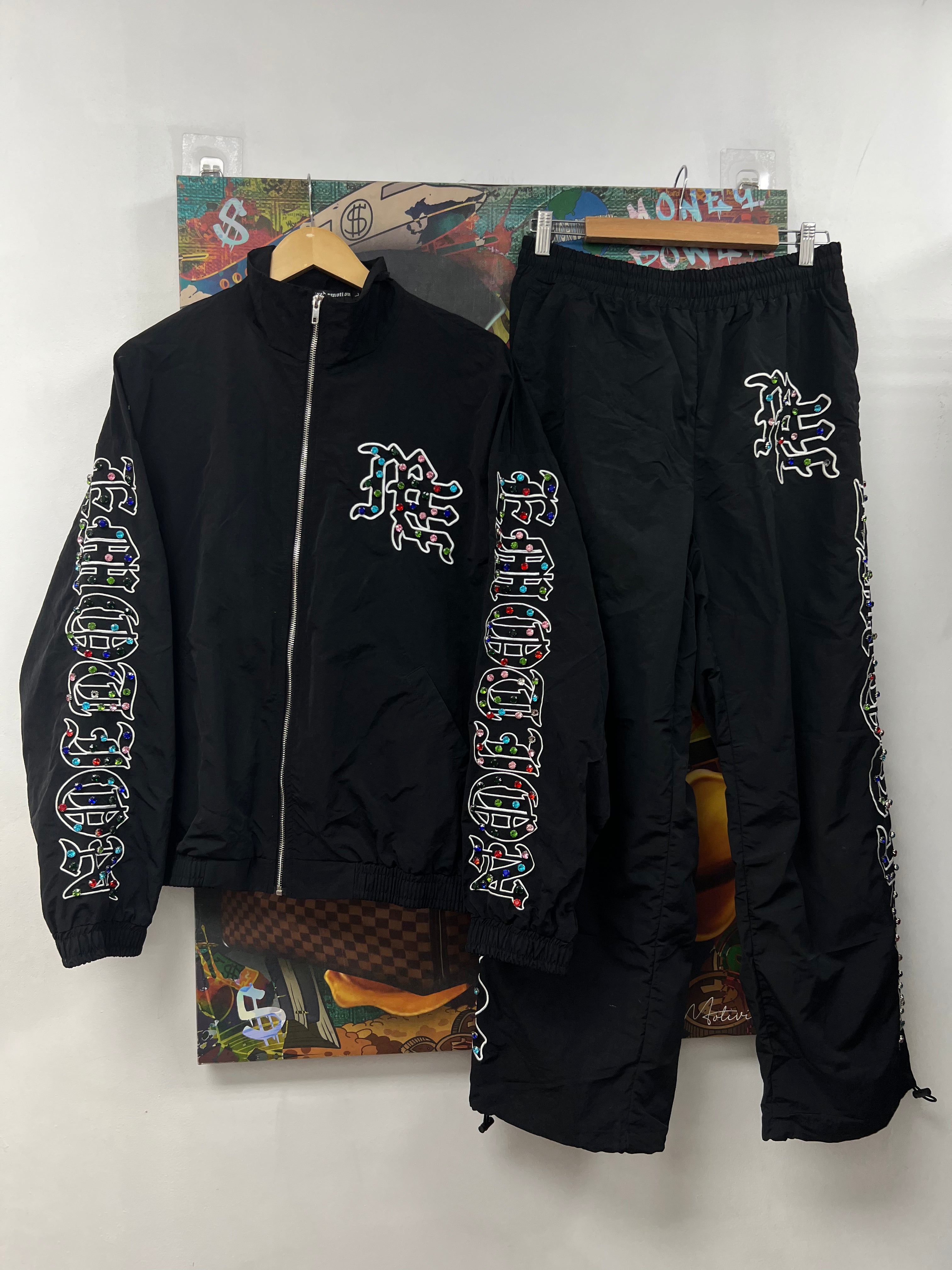 Mixed Emotion Black ME Rainbow Rhinestone Track Suit